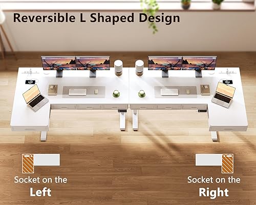 Miniatura 6 de OffiGo Escritorio Eléctrico de Pie en Forma de L con Cajones de Madera, Estación de Trabajo de Esquina Ajustable en Altura de 55 Pulgadas con Tomas