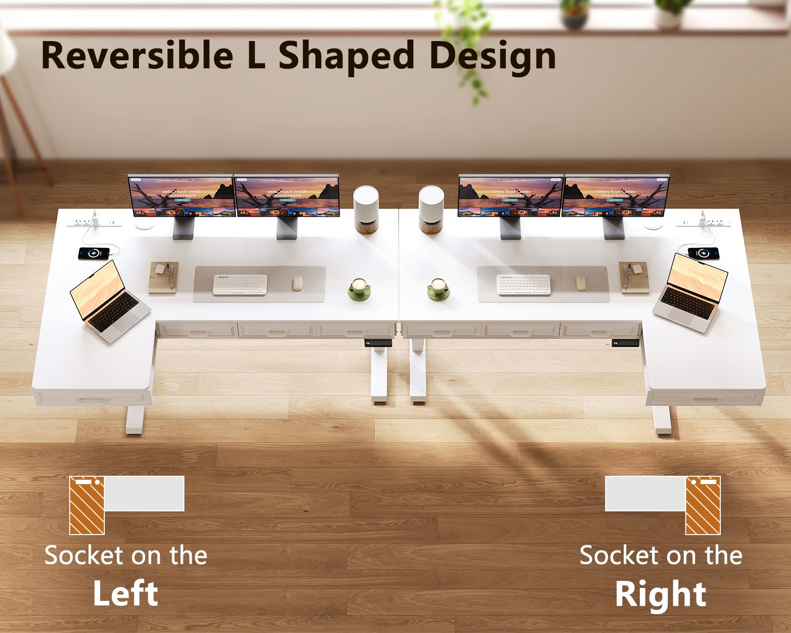 OffiGo L Shaped Electric Standing Desk with Wooden Drawers 55 Inch Height Adjustable Corner Workstation with Power Outlets — view 6