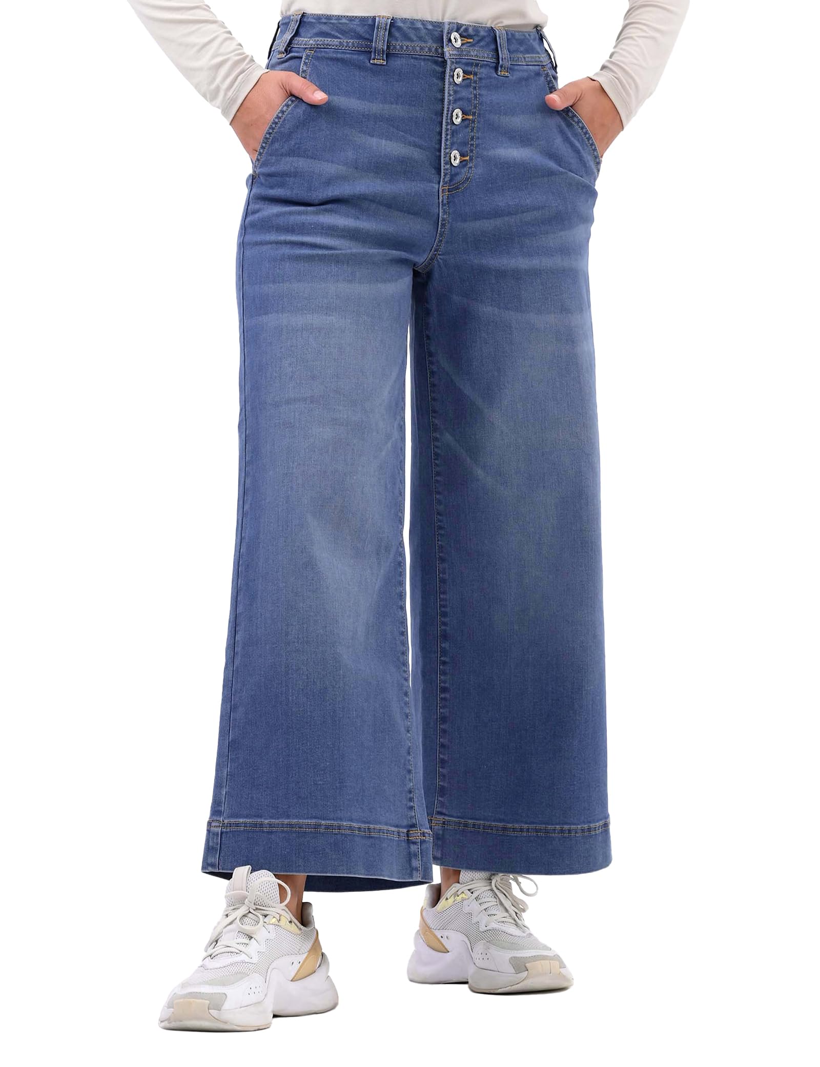 Jupe-culotte en jean taille haute pour femme avec quatre poches, fermeture à bouton sur le devant, tissu extensible et jupe-culotte à jambe large