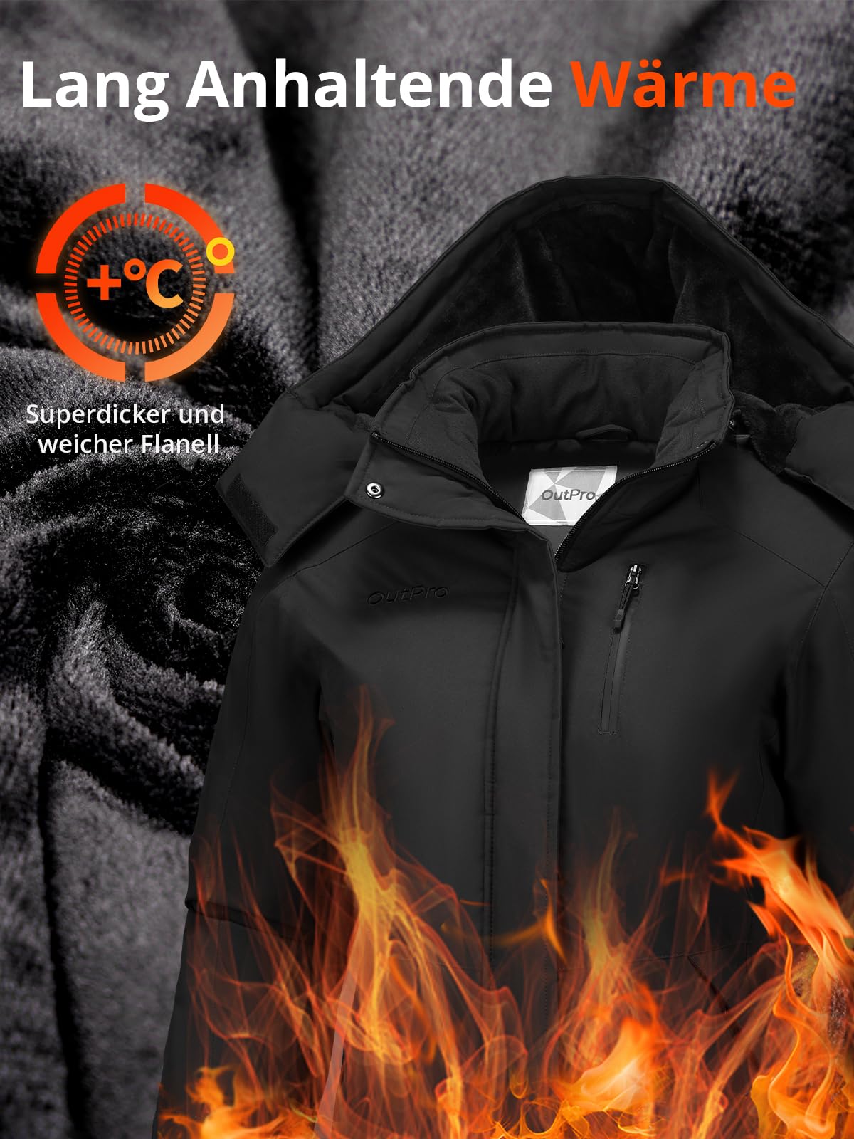OutPro Winterjacke Damen Wasserdicht Skijacke Snowboardjacke Hooded Warm Dickes Gänsedaunenfutter Doppelte Seitentaschen Wanderjacke mit Reißverschluss für Outdoor-Aktivitäten