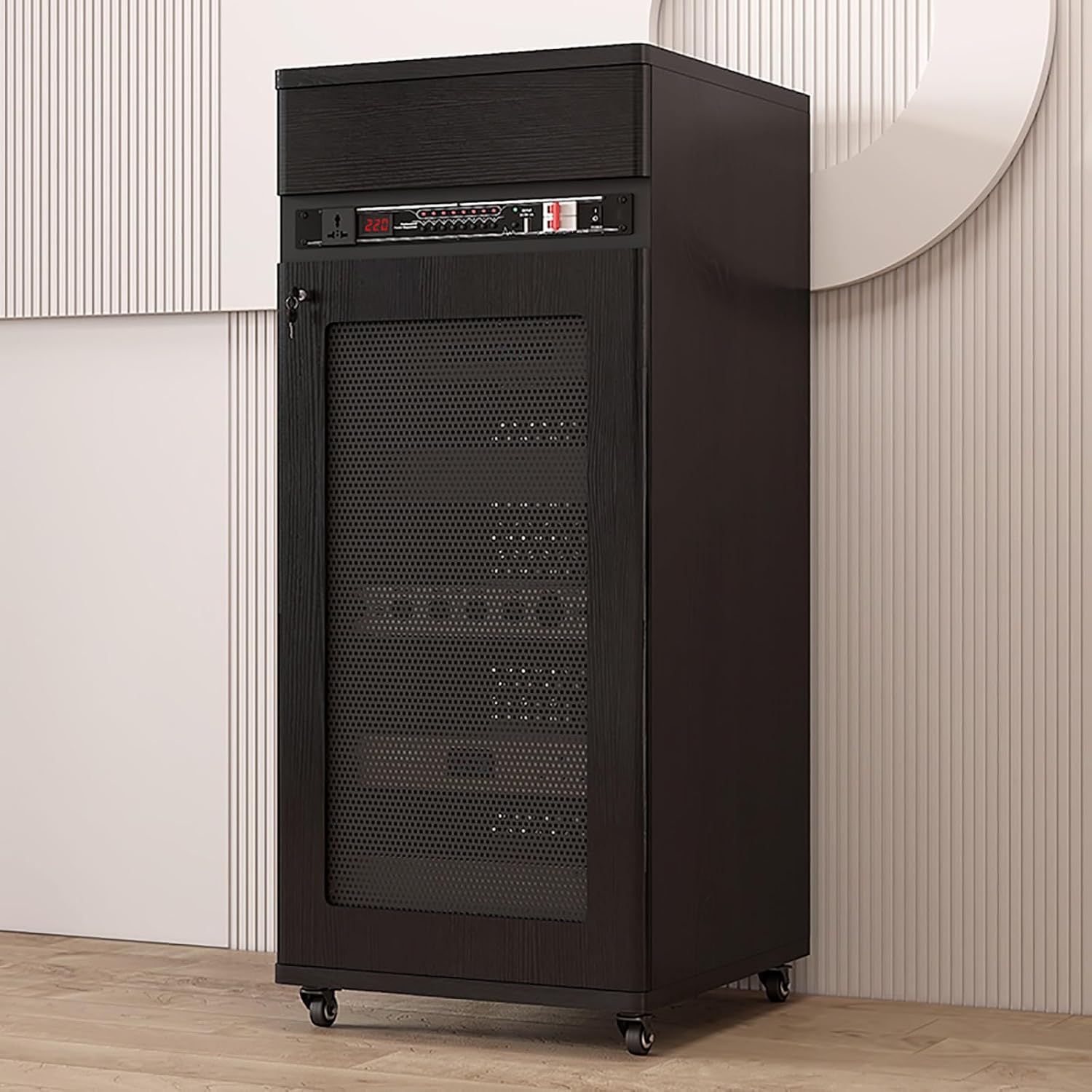 Movable HiFi Audio Rack,Media Storage Cabinet with Adjustable Shelves,Floor Freestanding Cabinets Organizer with Doors,Adjustable AV Media Components Cabine Stand with Wheels(Black,90cm/35.4in)