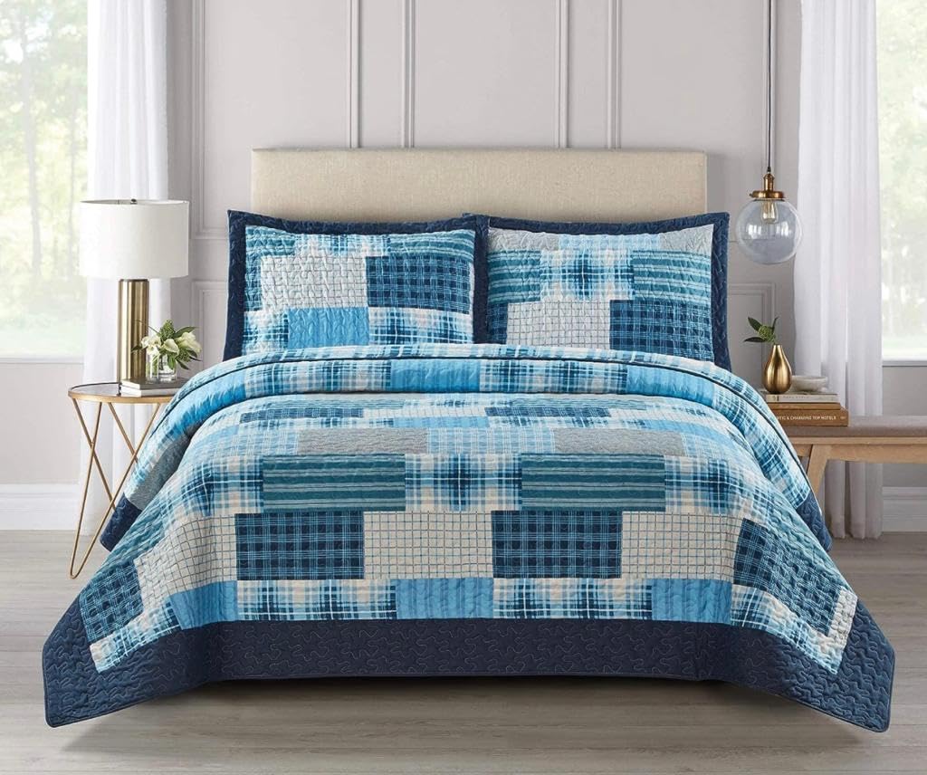 Complete Set Cotton-Polyester Duvet Bedding Set with an Extra Fitted Sheet” (King, Check Denim Blue) — image 1