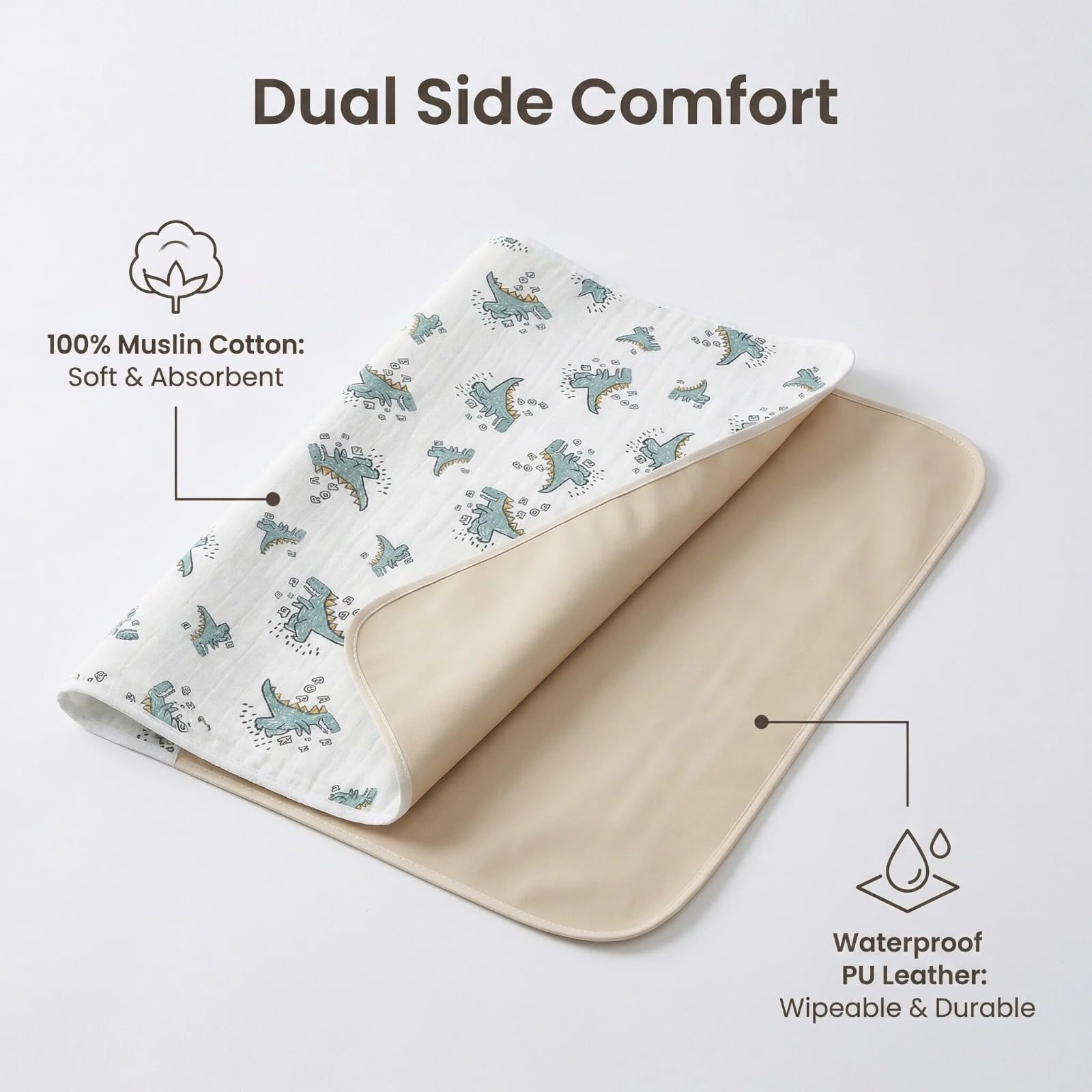 Cambiador de pañales para bebé, 19.7 x 25.6 pulgadas, impermeable, con parte superior frontal de algodón 100% muselina y parte trasera de cuero, cambiador portátil suave y absorbente para viajes