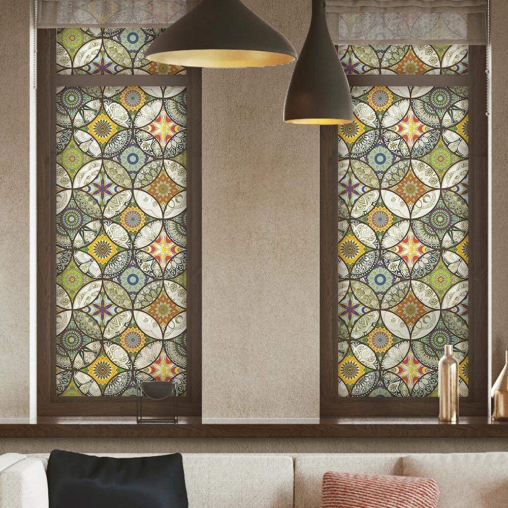 dktie Película decorativa para ventana, pintura sobre vidrio, estática, adhesiva, vidrio esmerilado, motivos de círculos, protege la privacidad, autoadhesiva para ventana (Amarillo, 90 x 300 cm)