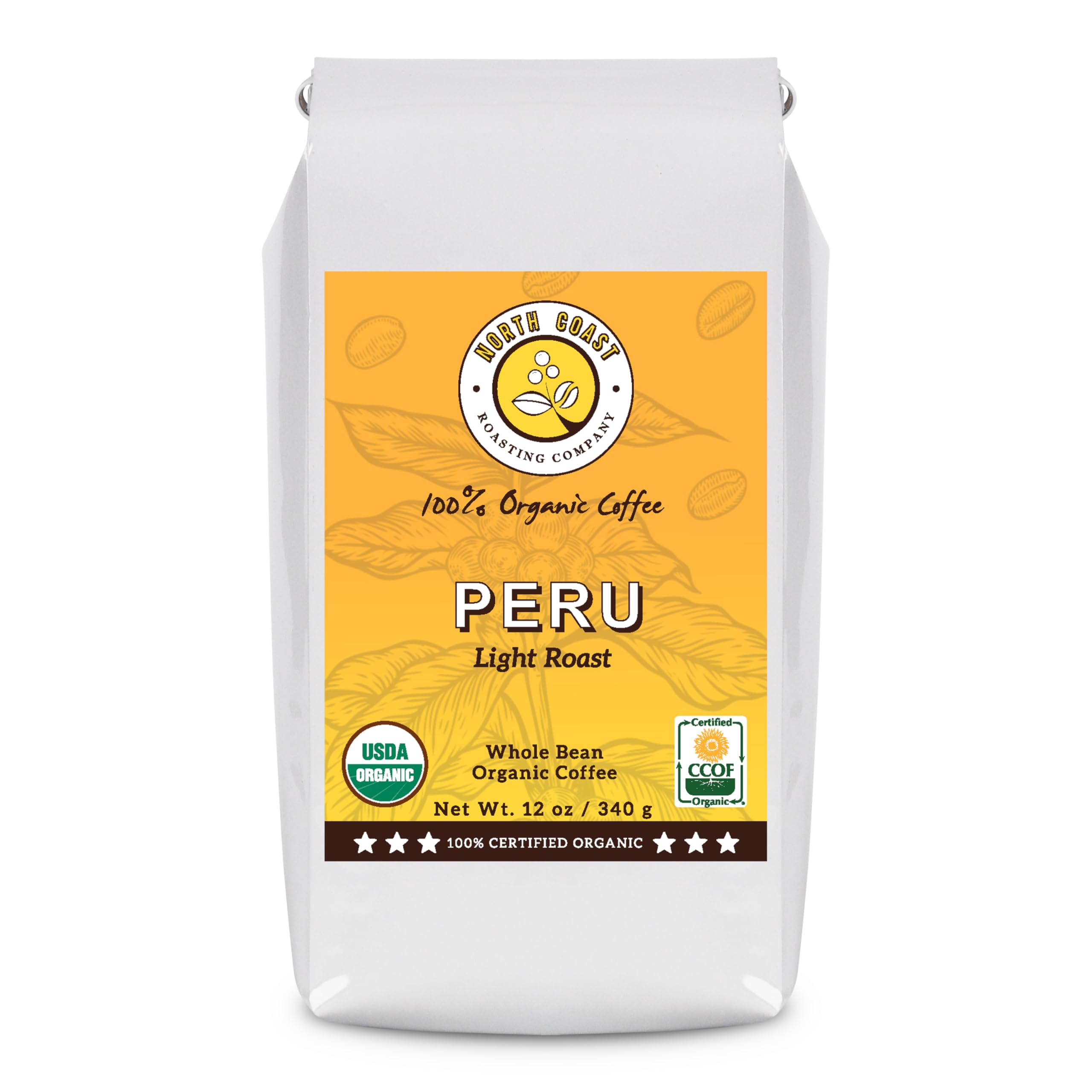 North Coast Roasting Company, Light Roast, Organic Coffee, Whole Bean, Single Origin - Peru, USDA Certified, Organic Coffee Beans, 12 Ounce Bag