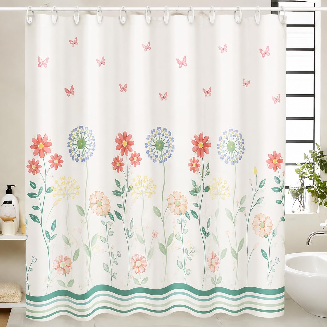 PVC Waterproof Shower Floral Bathroom Curtain with 12 Hooks Anti-Mold Washable & Heavy Duty Printed Decorative Curtain for Home & Hotel Use Blackout Shower Curtain | Multi-Design as per Stock-image-25
