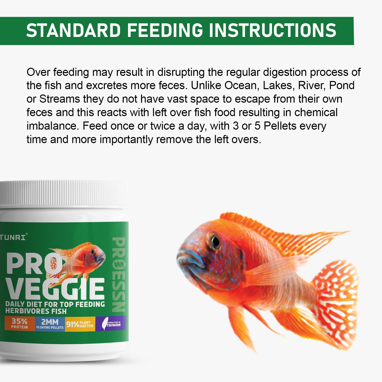 Tunai Pro Veg Fish Food for Adult Cichlids |100g| 2MM - Pellets, 91% Plant Matter| Suitable for All Top Feeding Herbivores Fish Food 3