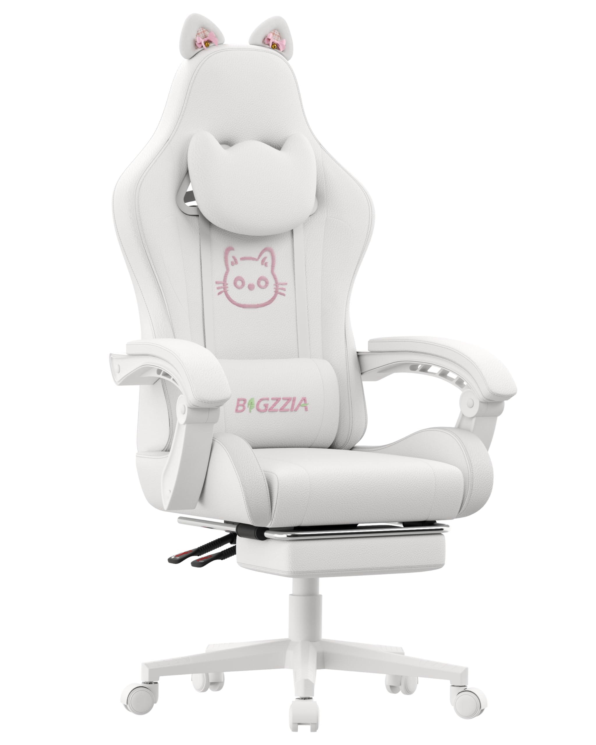 Racingreat Gaming-Stuhl mit Katzenohren und Massagefunktion (Weiß) | PC Gaming Chair mit Cat-ear massage, PU-Leder, Memory-Schaum, 90°–135° Neigungswinkel, Frauen Erwachsene Gamer Büro Pause