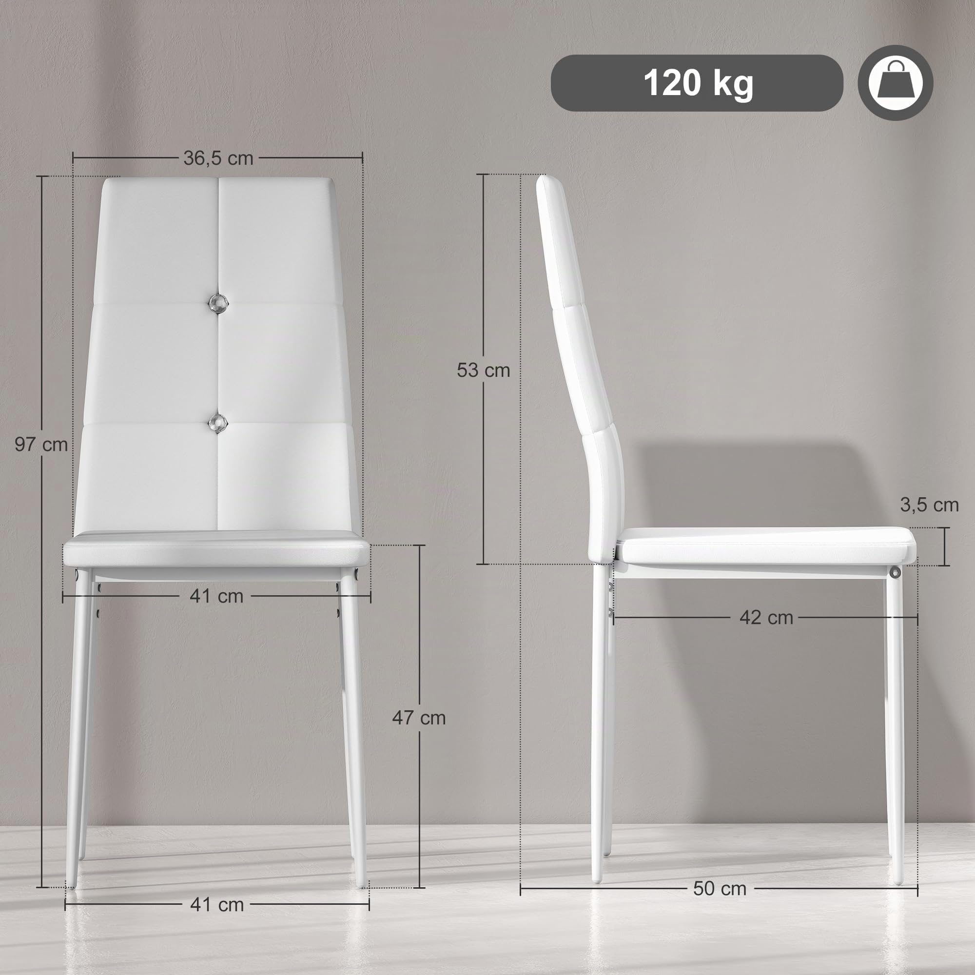 HOMCOM Juego de 6 Sillas de Comedor con Respaldo Alto para Salón Blanco | Tapizada en PU, Sillas de Cocina Modernas, Botones, Patas de Acero, Dormitorio