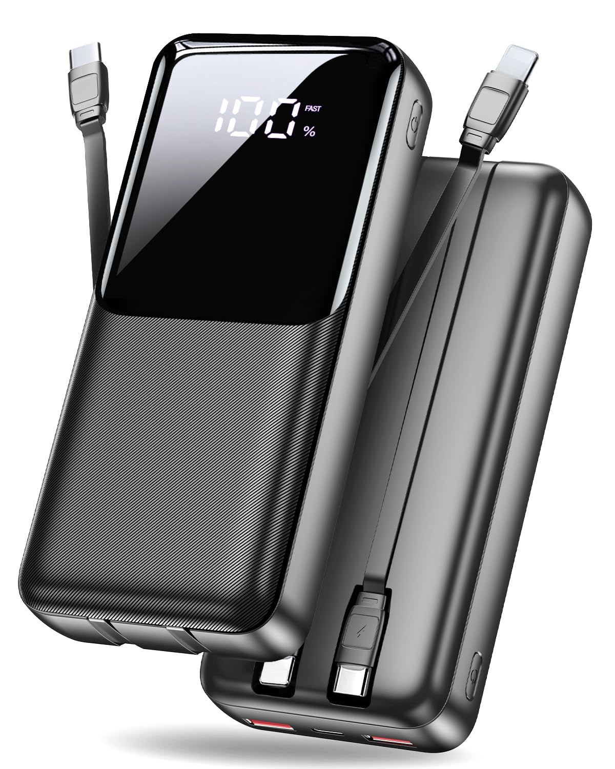 Power Bank 40000mAh 22,5W Powerbank PD USB-C Schnellladefunktion, Tragbares Ladegerät mit 3 Anschlüssen & 2 integrierten Kabeln, Externer Akku kompatibel mit iPhone 17 16 15 14 13, Android und mehr