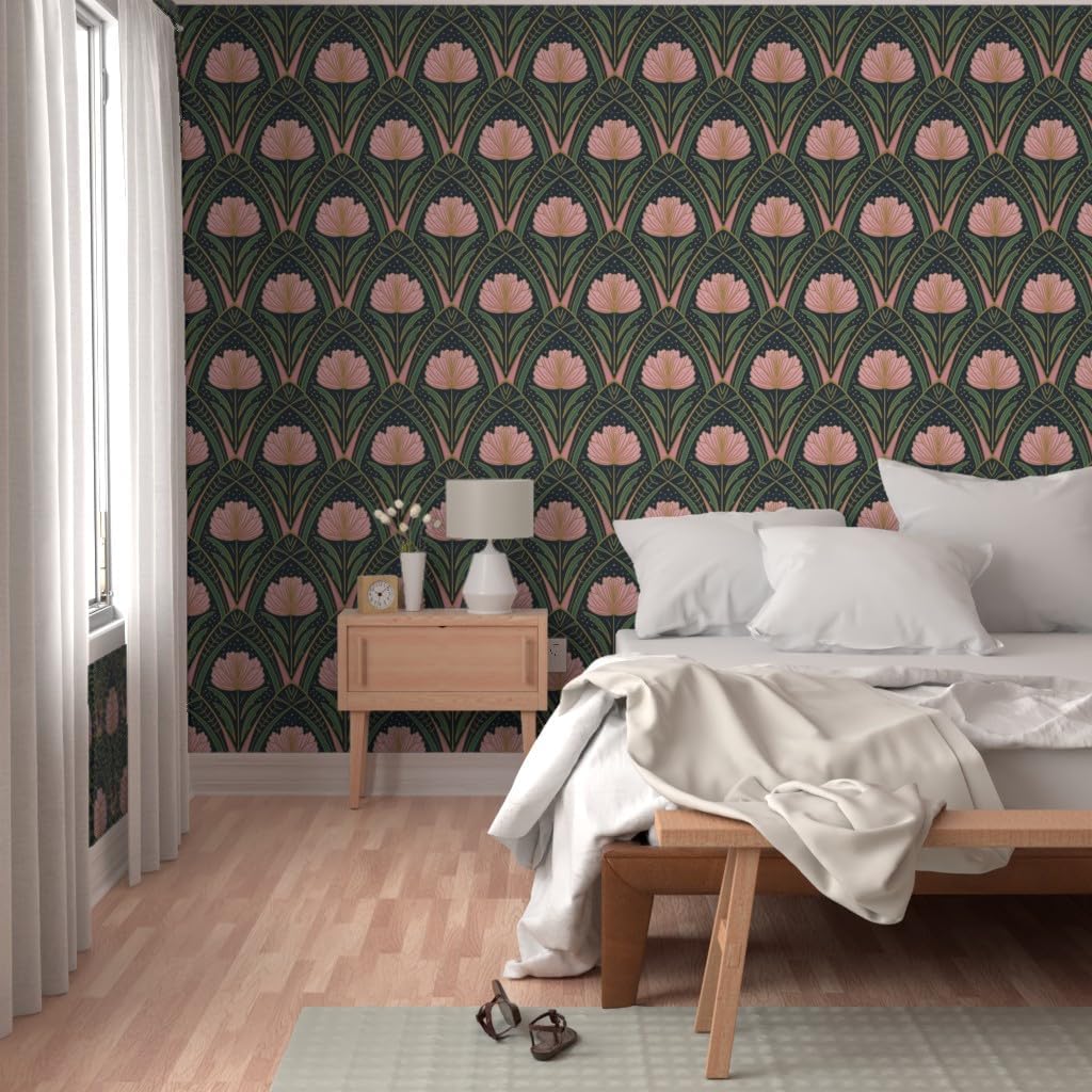 Spoonflower Peel & Stick Wallpaper 3ft x 2ft - Art Deco Peony Dark Blue Pink Green Floral Abstract Botanical Nouveau Custom Removable Wallpaper