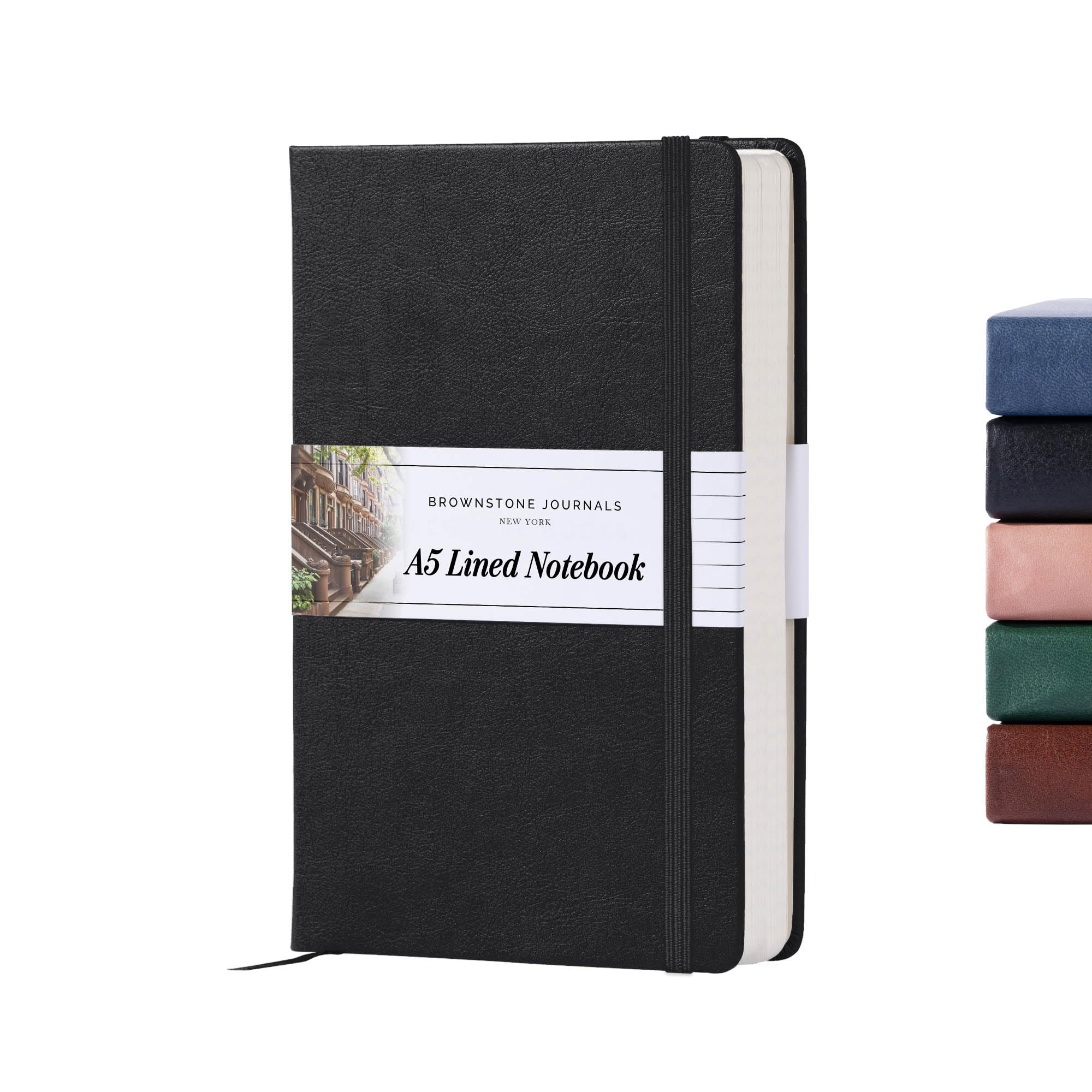 BROWNSTONE JOURNALS A5 Hardcover Lined Journal 5"x8" - Notebook for Work & Writing, 160 Pages Thick 100 GSM Paper, Lay Flat Binding, Elastic Band, Ribbon Bookmark (Charcoal Black)