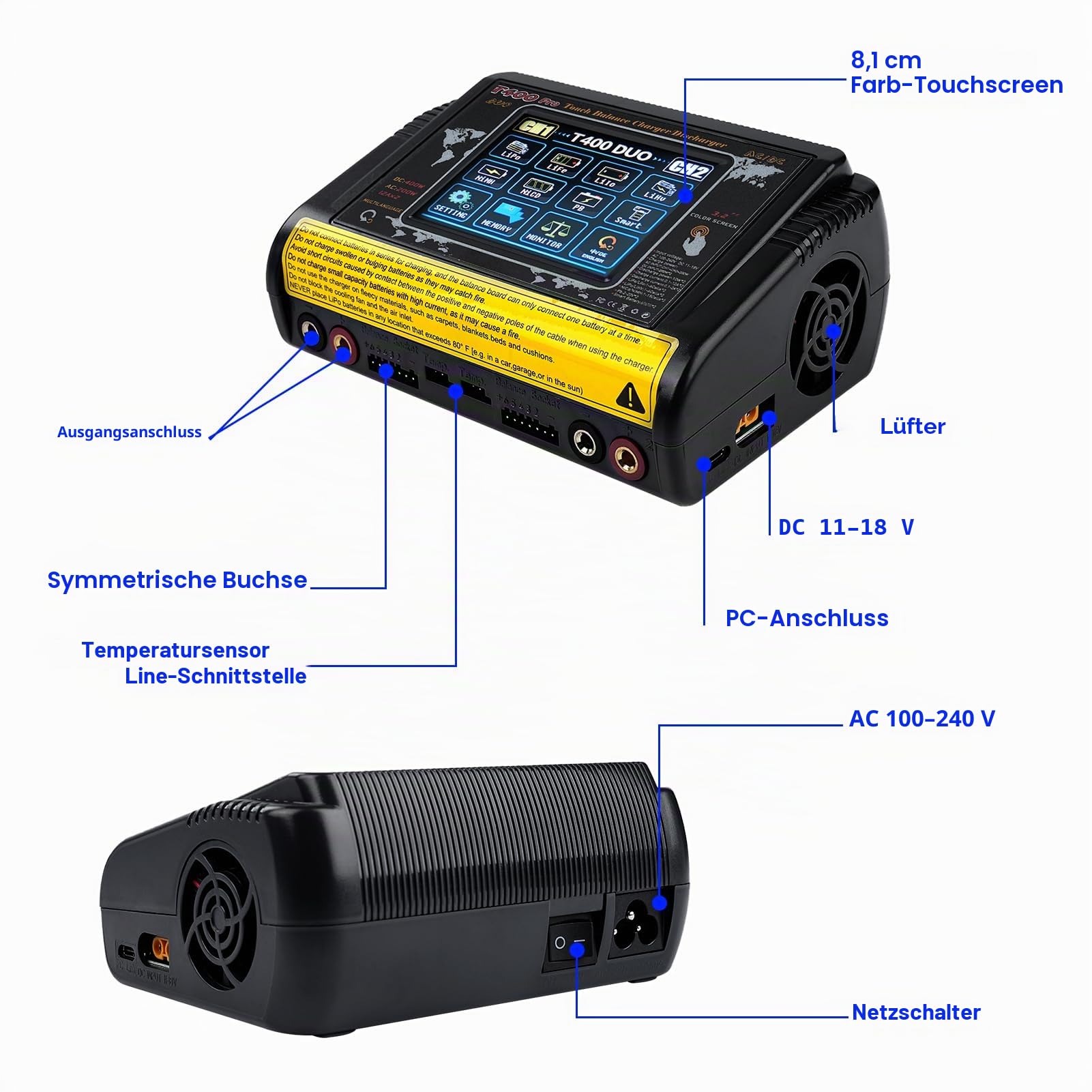 Lipo Ladegerät Balancer T400 3,2-Zoll Farbbildschirm Touchscreen Doppelentlader AC200W/DC400W 12A Hochpräzises RC Ladegerät Autobatterie für LiPo/Lilon/Life/NiMH/NiCd/PB/NiMH