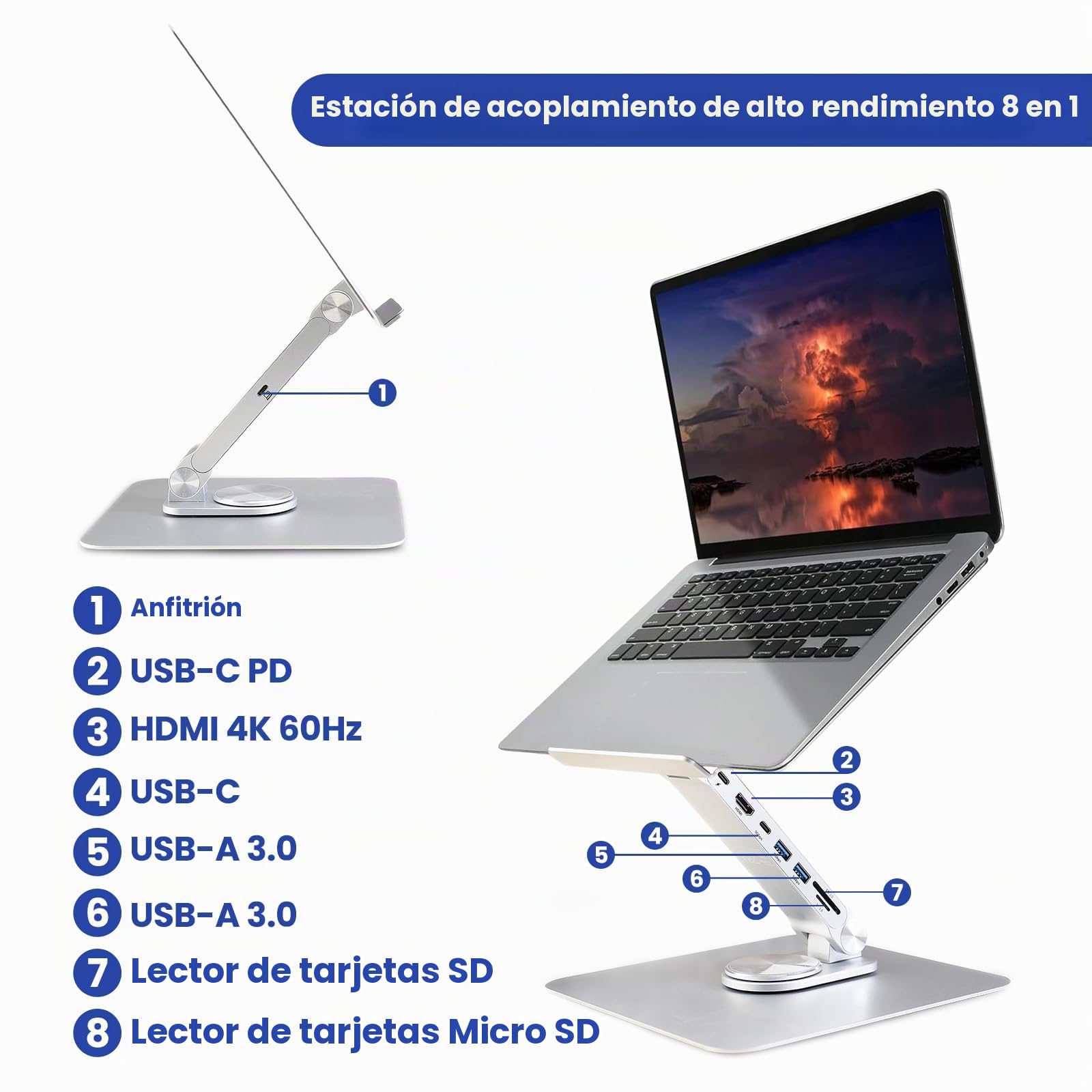 Ewent EW1269 Soporte para Portátil de Aluminio Multipuerto HDMI 4K/2x USB-A 3.0/USB-C 3.0/PD 100W/SD