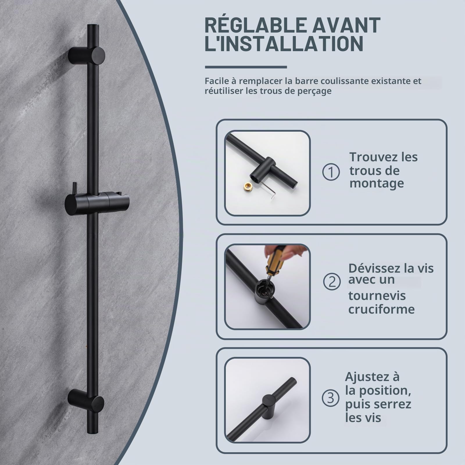 Barre de Douche 90cm en Acier Inoxydable, Support de Pommeau Réglable à 360°, Fixations Murales Variables pour S'adapter aux Trous Existants, Noir