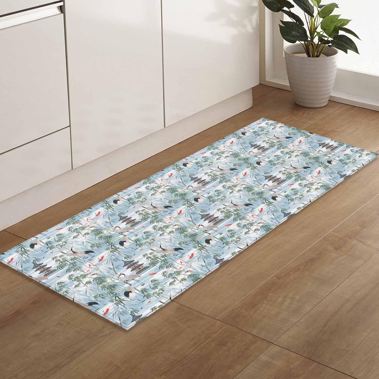 2 Pieces Kitchen Rugs and Mats,Watercolor Chinese Style Plant Animal Area Runner Rug Set Non Slip Floor Doormat Washable Carpet Standing Mat for Kitchen Sink Indoor Corridor,Asian Scenic Garden Scene