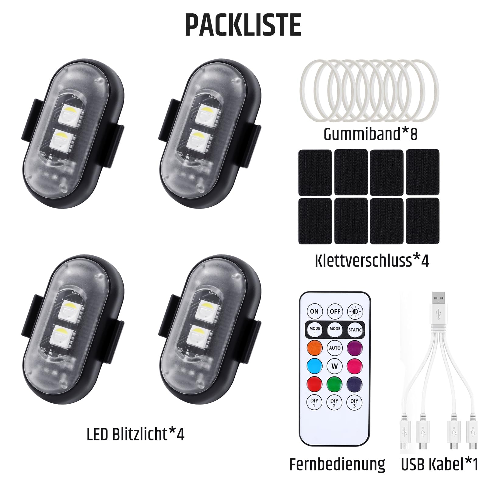 FIVAVA 4 bezprzewodowe światła LED do samochodu, 8 kolorów, lampa błyskowa LED z pilotem zdalnego sterowania, ładowanie przez USB, antykolizyjne światła do samochodu, motocykla, ciężarówki