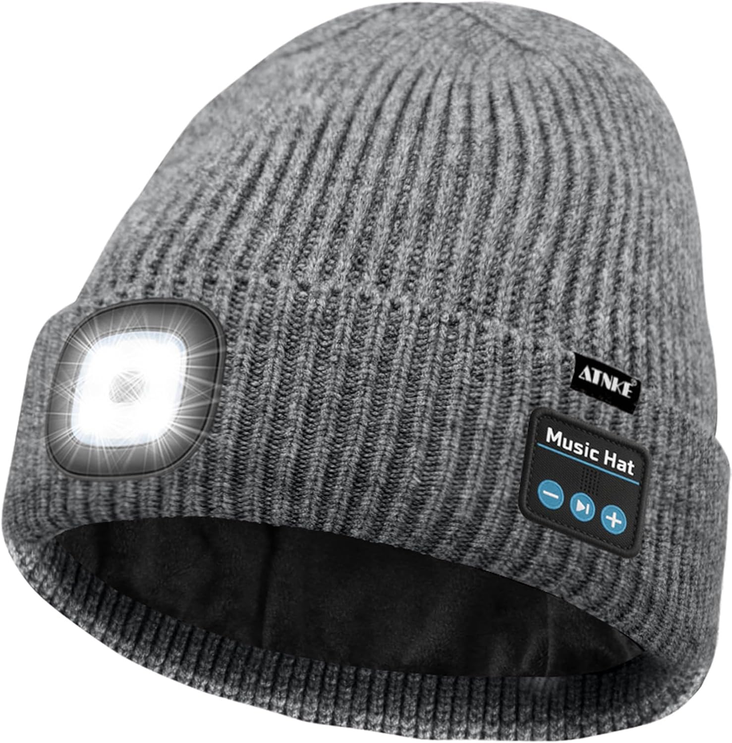 ATNKE LED Lighted Bluetooth Lined Fleece Beanie Hat, USB Rechargeable 4 LED Wireless Run Headlamp Cap for Men and Women