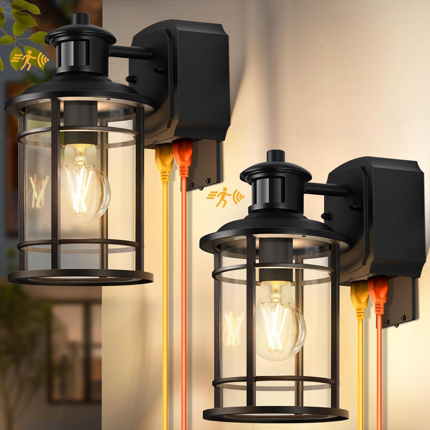 2 Pack Porch Lights with GFCI Outlet, Dusk to Dawn Motion Sensor Outdoor Lights, 3 Lighting Modes Waterproof Anti-Rust Alunmium Outside Porch Wall Light, Exterior Light Fixture for Garage Front Door 2 Pack Black