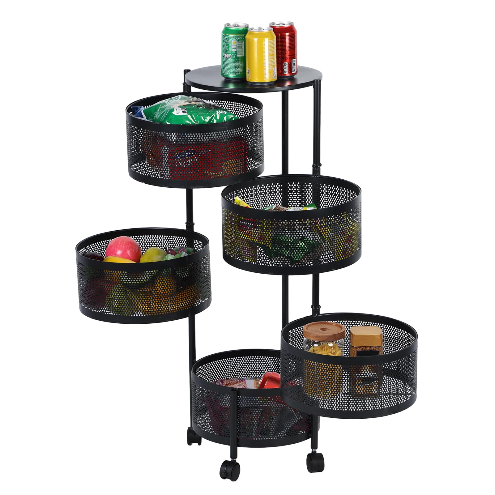 Kitchen Storage Cart, 5 Tier Circular Rotating Basket, Large Storage Rack with 360 Degree Wheels, Fruit Vegetable Metal Wire Shelf with Top Lid for Living Room, Office (Black Five Layers)