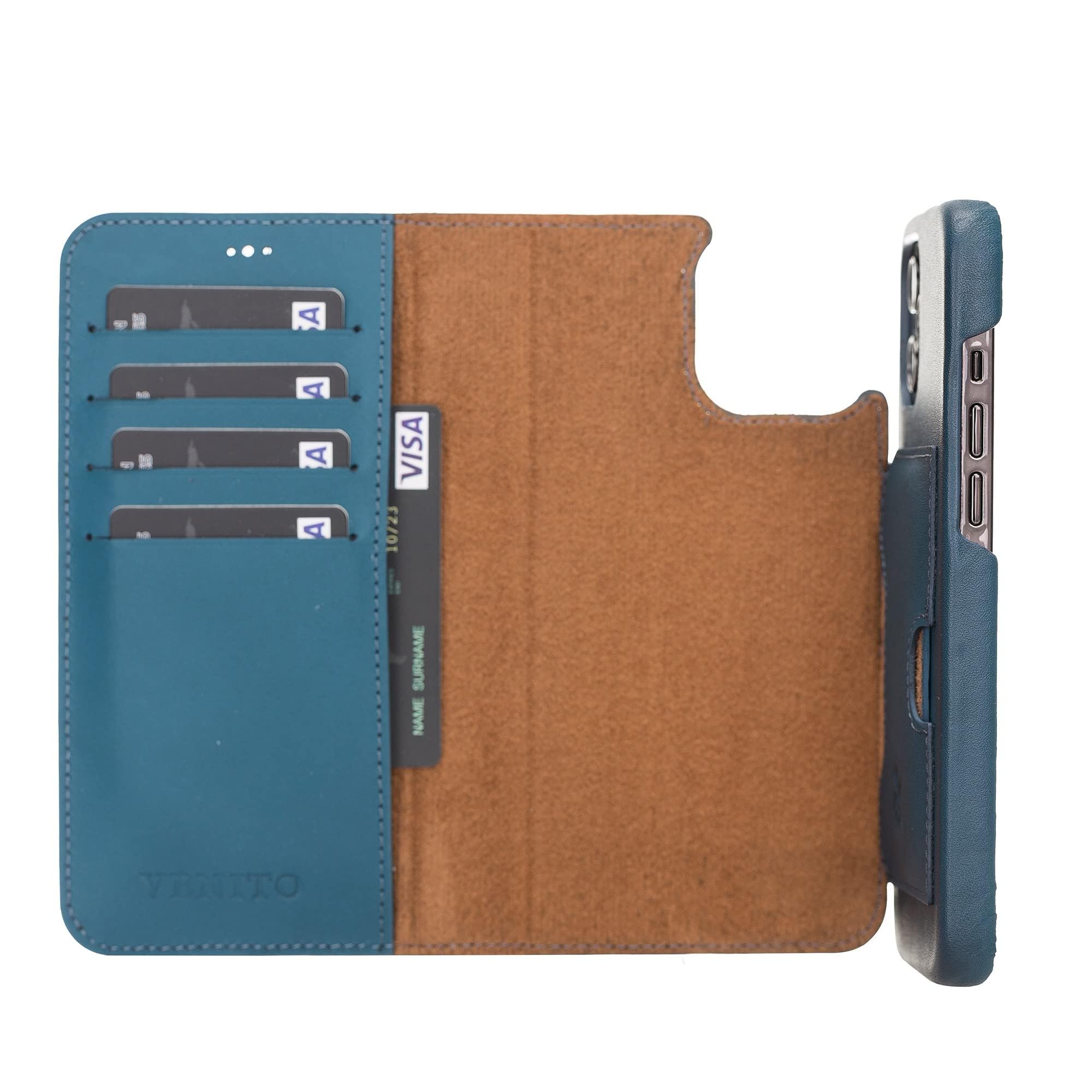 Venito Florence Leather Wallet Phone Case Compatible with iPhone 12 Pro Max (6.7 inch) - Extra Secure with RFID Blocking - Detachable Phone Wallet- Pacific Blue