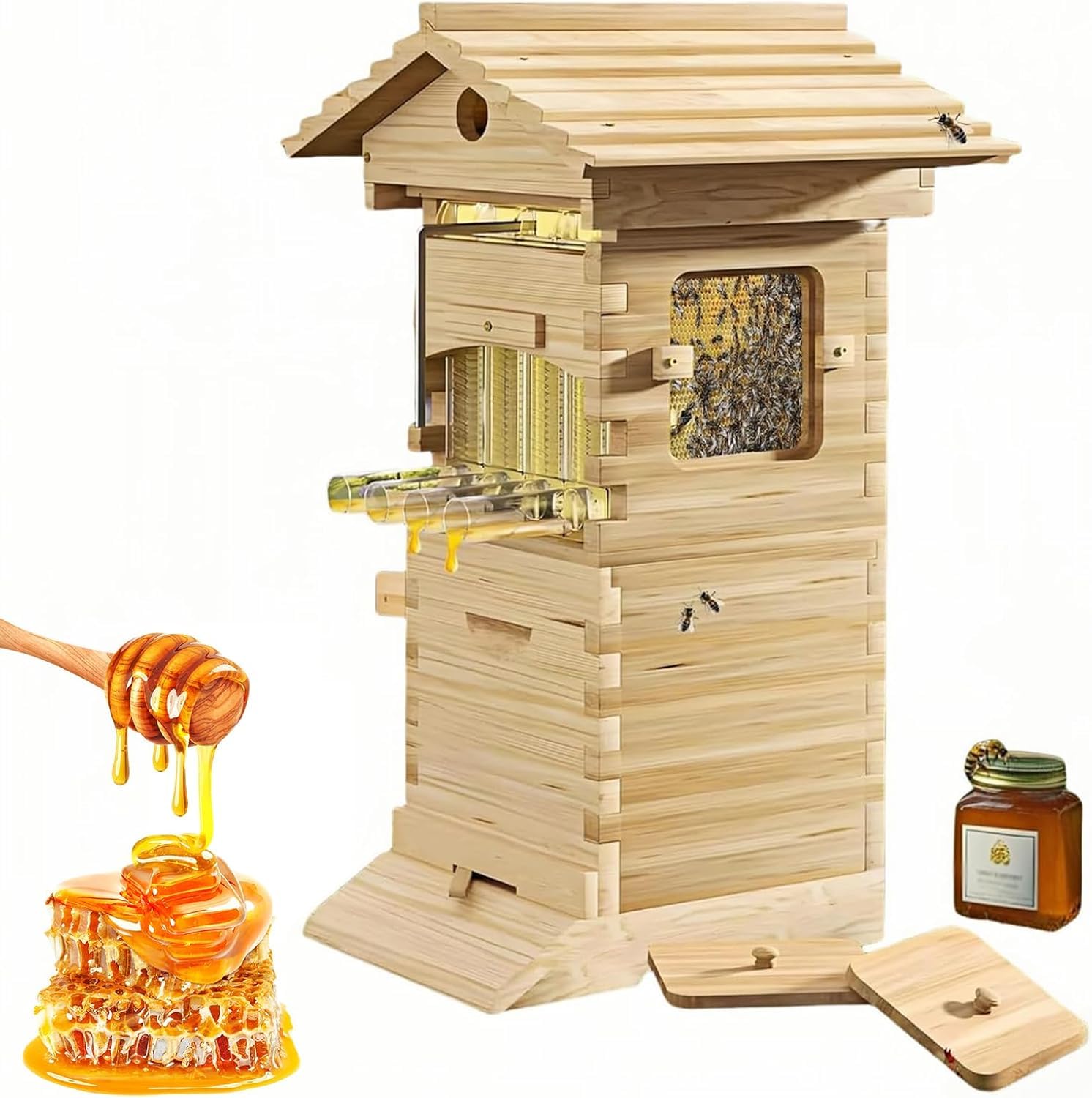 Flow Hive Beehive zestaw startowy, kompletna skrzynka dla pszczół z okienkiem obserwacyjnym i dziobkiem miodu, ul pszczelarski, zawiera domek dla pszczół do zapylaczy ogrodowych