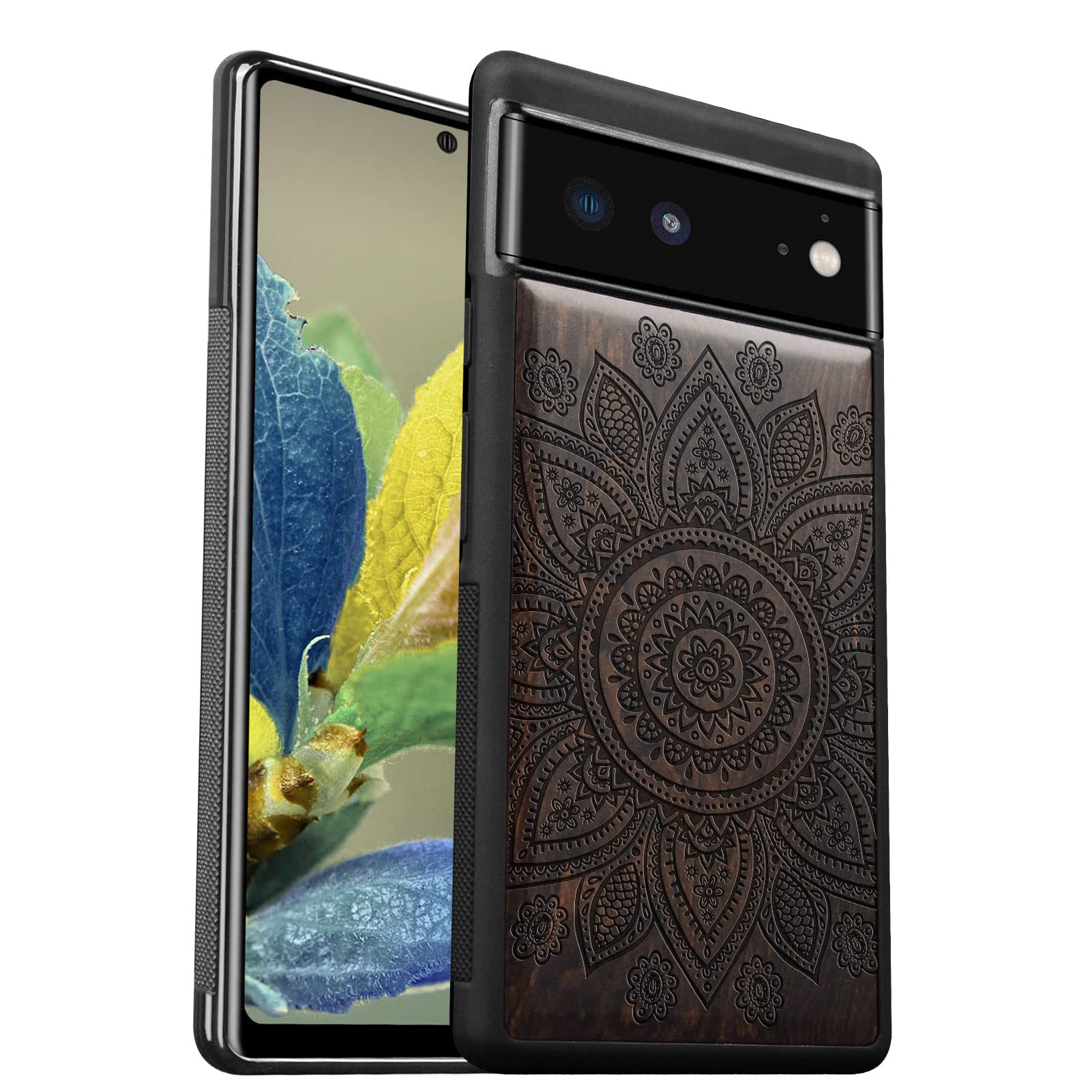 Carveit Wood Case for Pixel 6 Case 2021 [Hard Real Wood & Soft TPU] Shockproof Hybrid Protective Cover Unique & Classy Wooden Case Compatible with Google Pixel 6 (Gorgeous Flower Pattern-Blackwood)