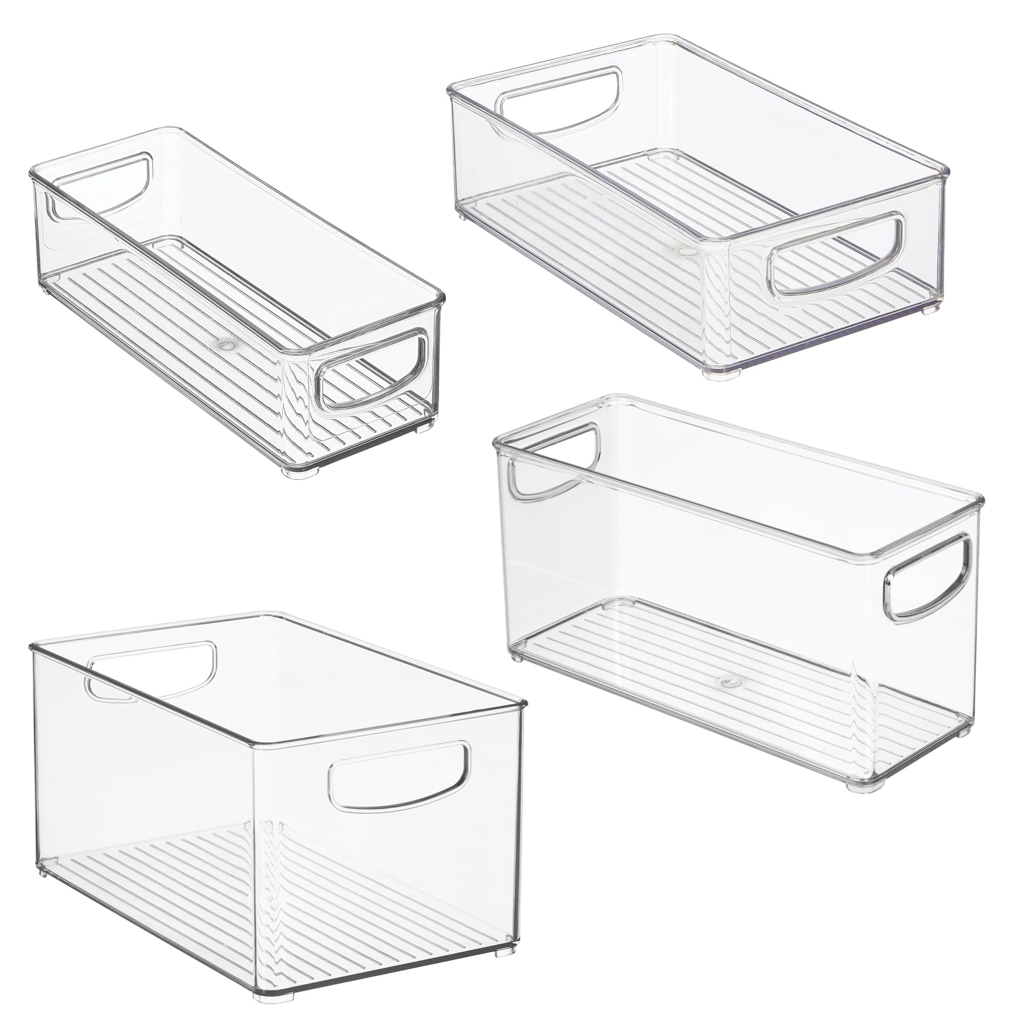 iDesign Set di 4 contenitori impilabili in plastica riciclata con maniglie per cucina, frigorifero, congelatore e dispensa, Varie dimensioni, trasparenti