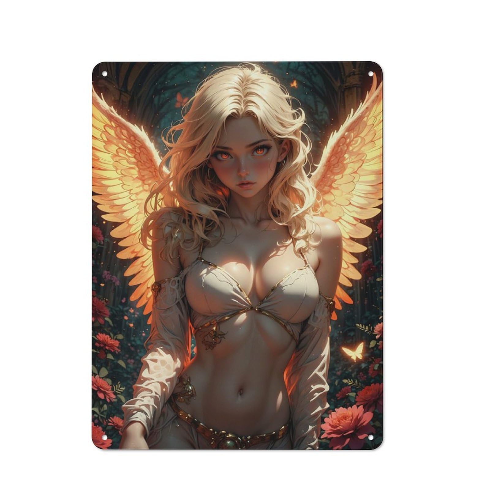 Junmoney Style-7 Metal Wall Sign 40X30cm Featuring Angelic Figure With Golden Wings For Living Room Wall, For Metal Sign Collectors, For Garage And Workshop Walls