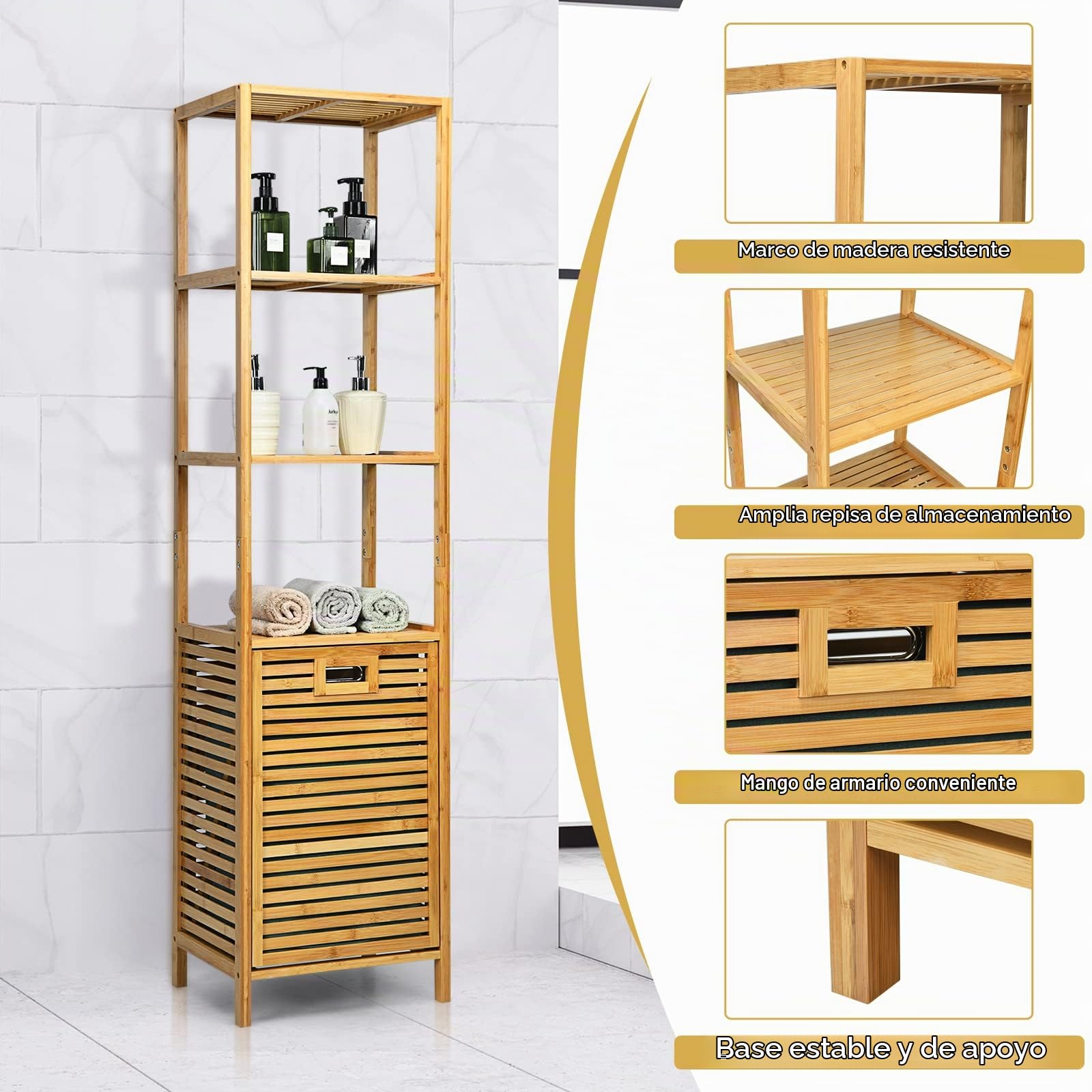 GIANTEX Estante de Baño con Cesta para la Ropa, Estante de Bambú para el Baño, Armario Alto con 3 Estantes, Natural,40 x 33 x 160 cm