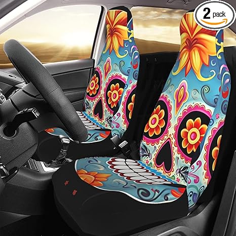 Sugar Skulls Car Seat Covers Front Seats, 2 Units Automotive Seat Protector Waterproof Car Seat Cushion Universal Carseat Cover for Most Cars Sedans Trucks SUVs