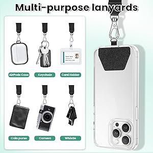SS Phone Lanyard, Adjustable Cell Phone Lanyard Neck Strap & Phone Wrist Strap & 4 Phone Tether Patches for Most Smartphones, Black