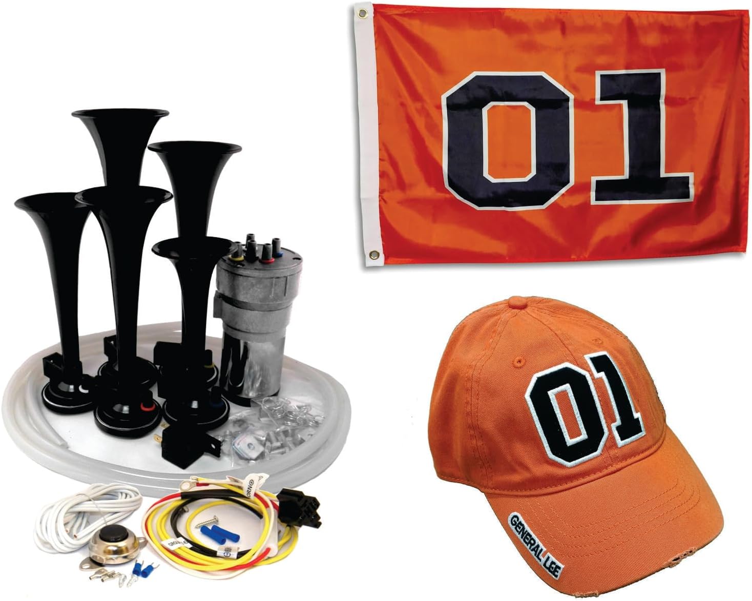 Air Horn Black - Dixieland Premium Full 12 Note Version with Installation Wire Kit Button and Flag and Hat