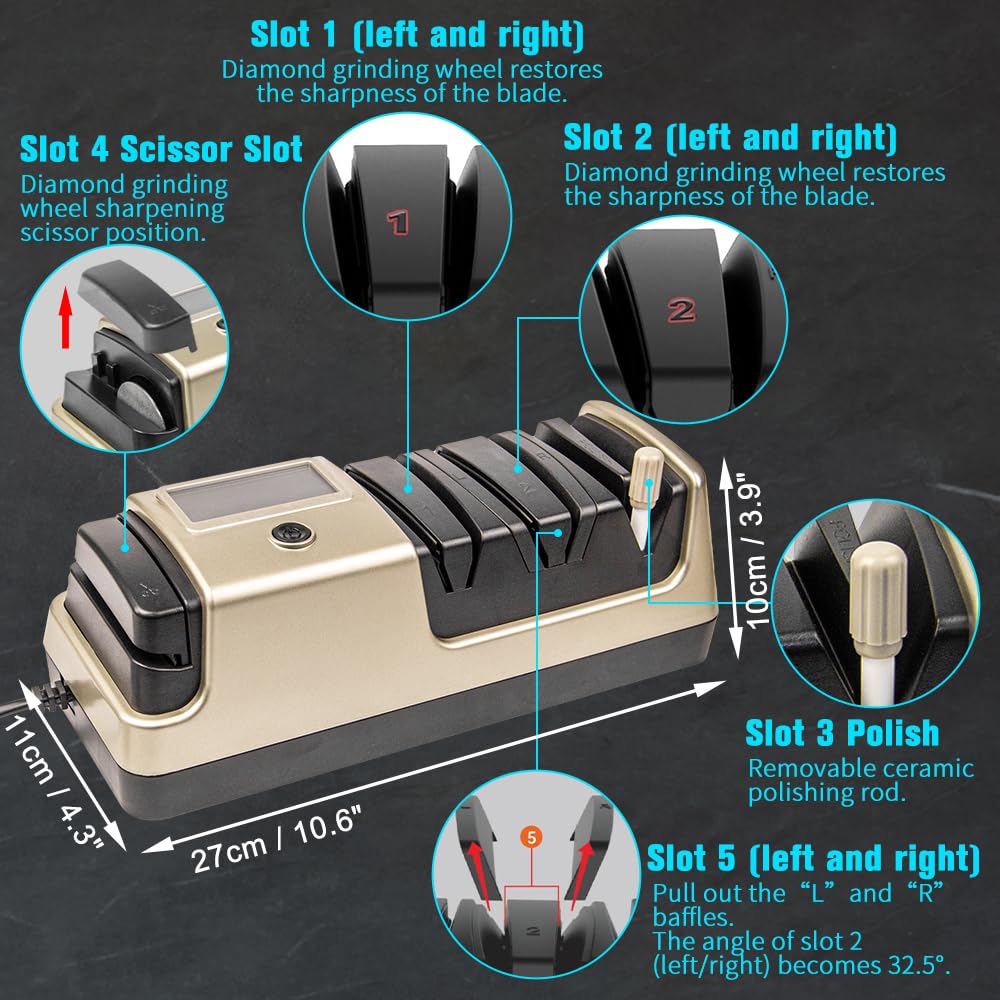 BAUSATZ Affilacoltelli elettrico professionale a 3 stadi con abrasivi diamantati al 100%, affilacoltelli elettrico con schermo LCD variabile a 3 velocità per coltello dritto, coltello seghettato,
