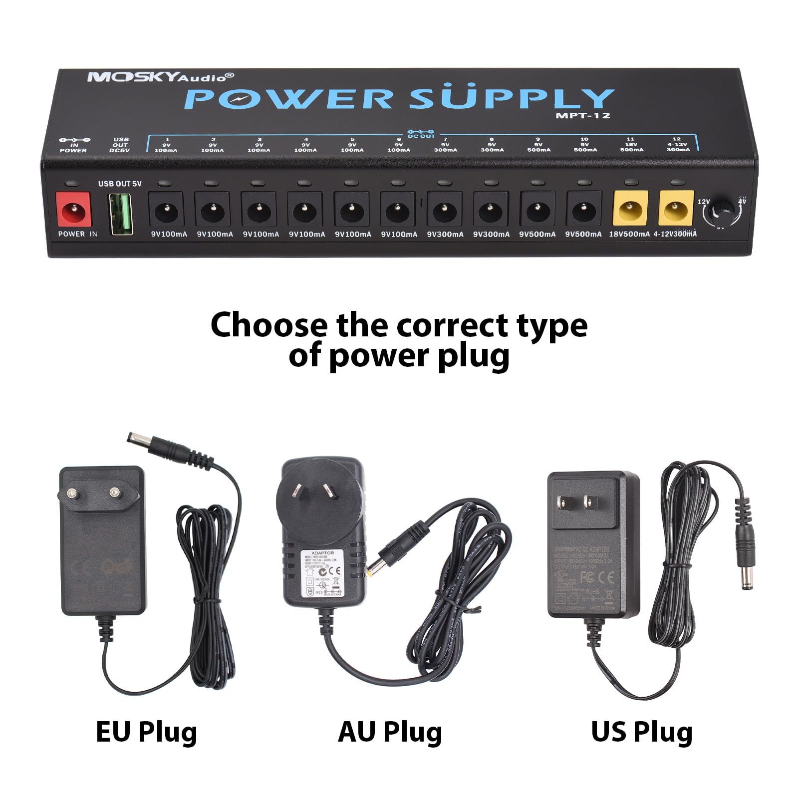 12-Kanal-Netzteil für Gitarrenpedale mit unabhängigem Kurzschlussschutz, LED-Betriebsanzeige, USB-Ausgang, Pedalboard-Netzteil für Gitarreneffektpedal und andere tragbare Geräte