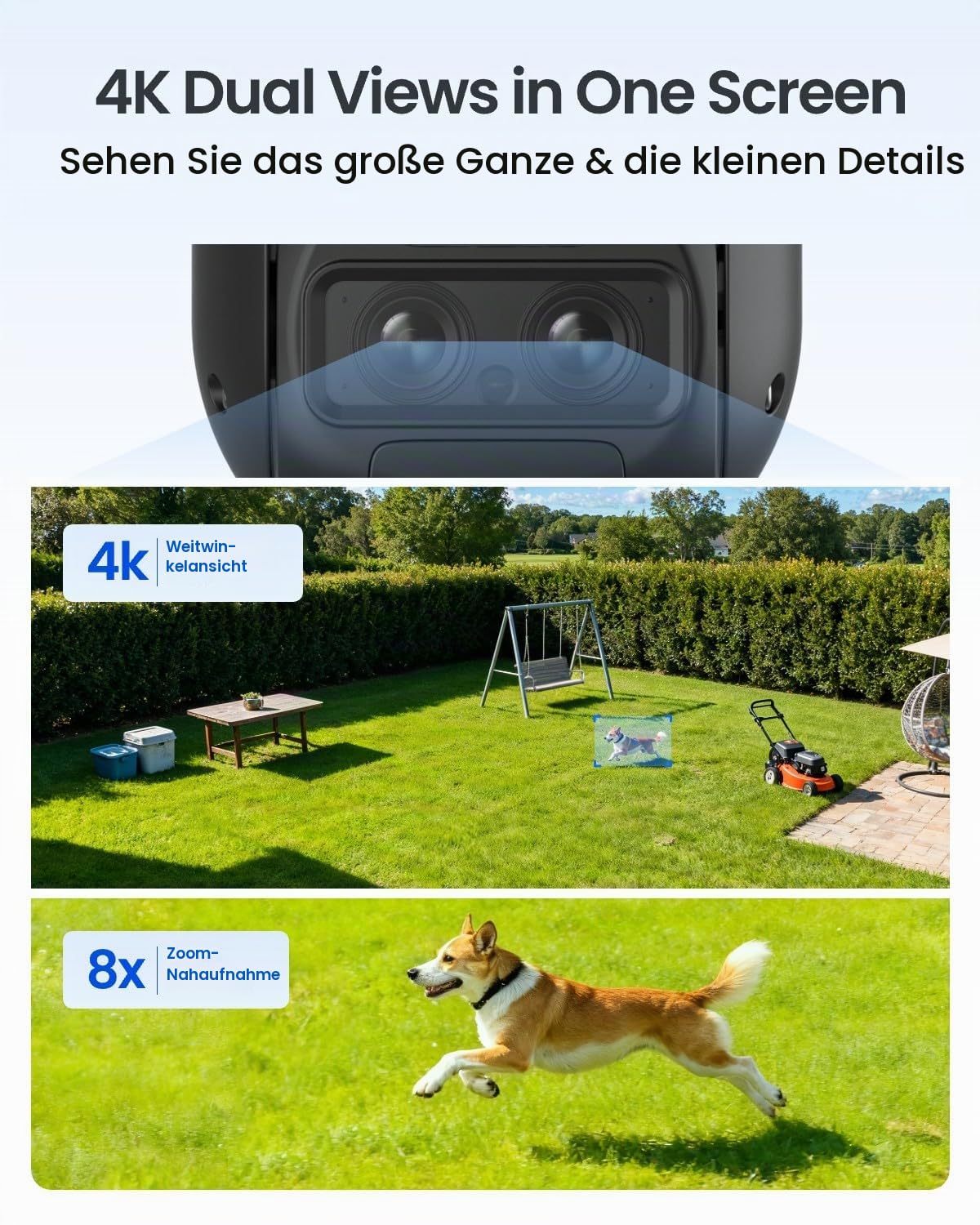 Reolink 4K PTZ Überwachungskamera Aussen Akku mit Auto-Tracking & Auto-Zoom, Dual Lens, 8MP Solar WLAN Kamera Outdoor, 4,5 m 6 W Solarmodul-Verlängerungskabel