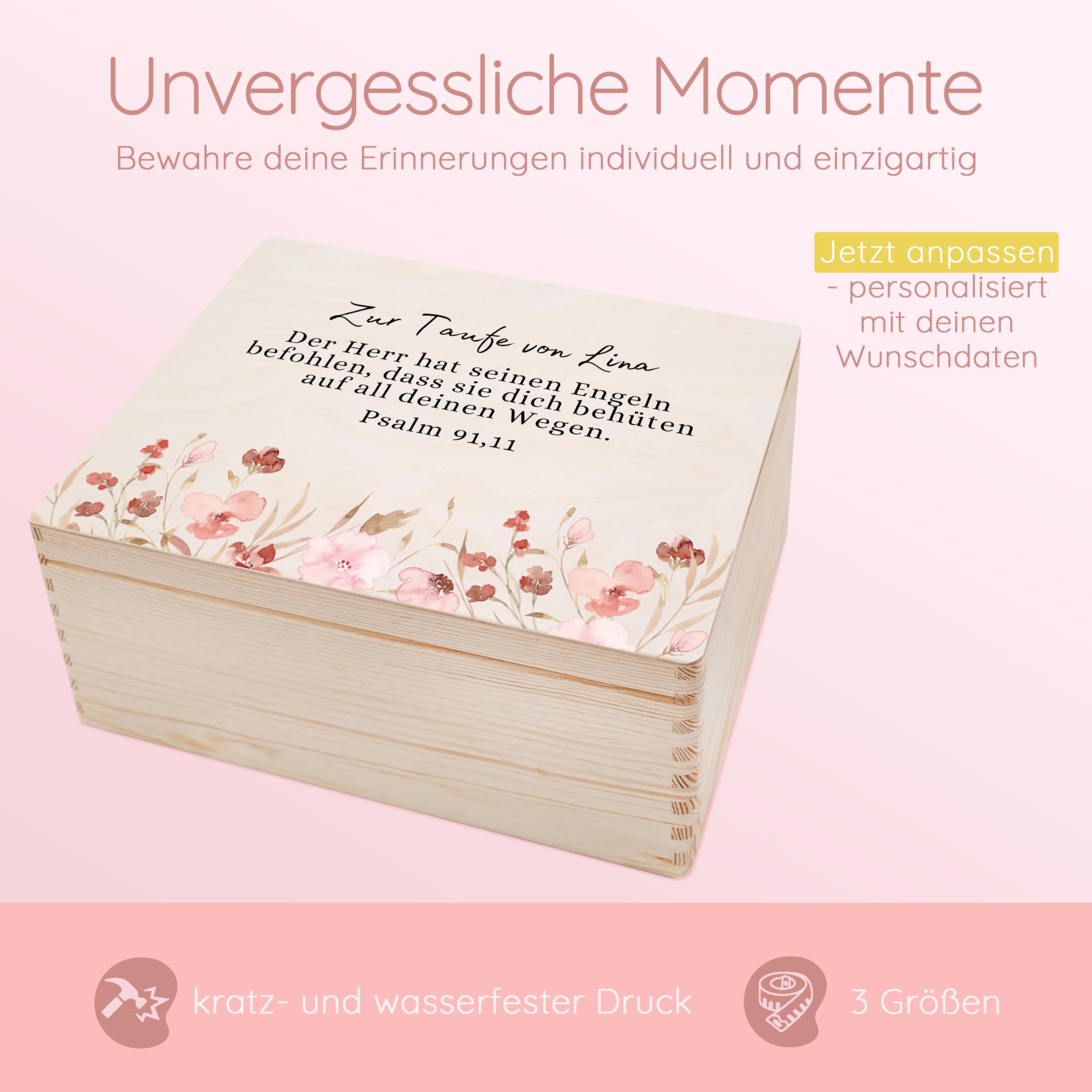 Bärenfreunde - Personalisierte Erinnerungsbox Baby mit Spezial-Druck - Individuelle Baby Erinnerungsbox - Erinnerungskiste Taufe - Geschenk zur Taufe (M flach | Klappdeckel,Taufpsalm Blumen)