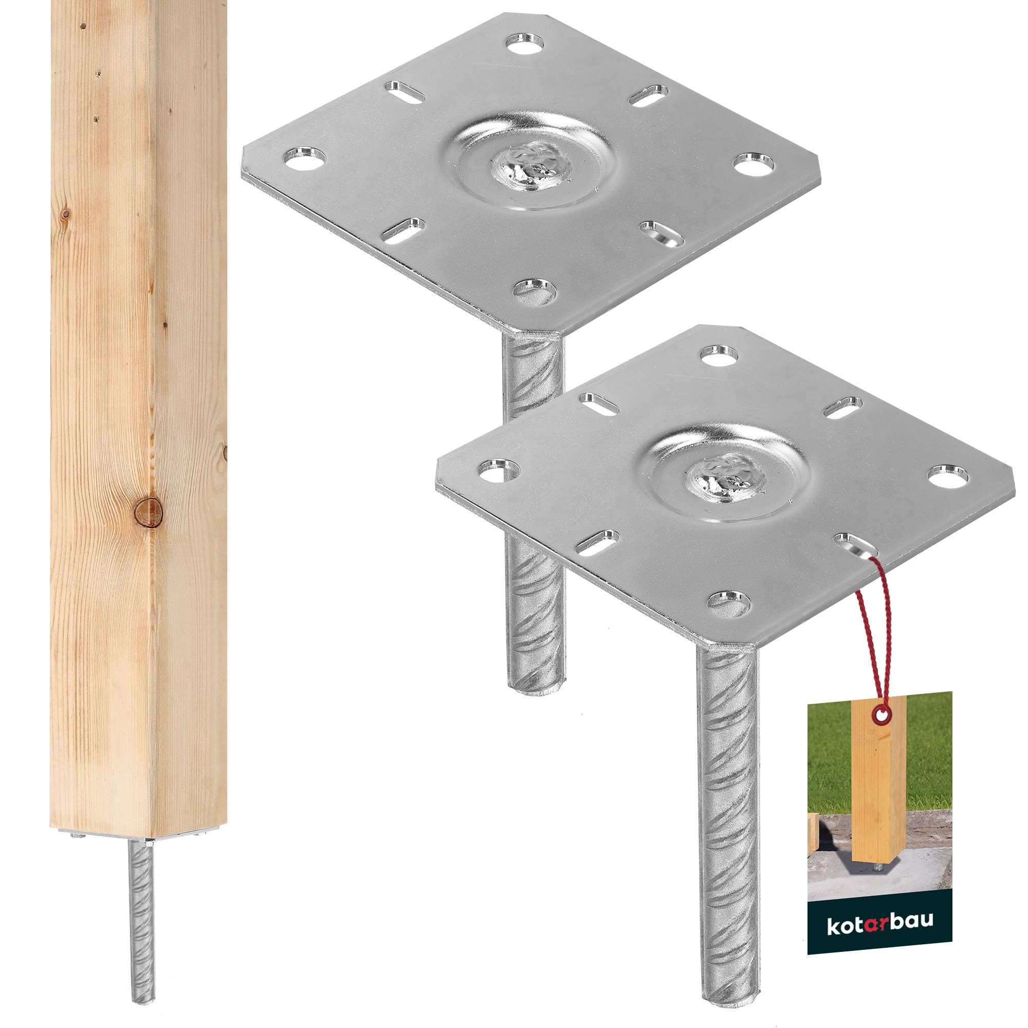 Kotarbau Silver Kotarbau® 2 Pcs Post Base - Galvanised Steel - 130X130x200 Mm (5.12×5.12X7.87 Inches) - Fence Post Base Concrete - With Ribbed Dowel - For Fence Posts - Wooden Beams - Support Concrete Anchor