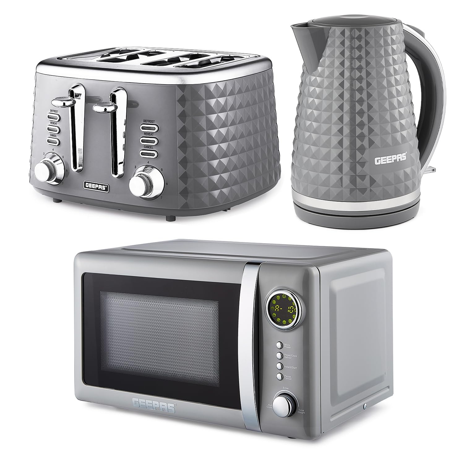 GEEPAS Electric Kettle 4 Slice Bread Toaster & Microwave Kitchen Set | 1.7L Textured Cordless Kettle 2200W | 4 Slice Toaster with 7 Level Browning Control | 700W Digital Microwave 20L, Grey
