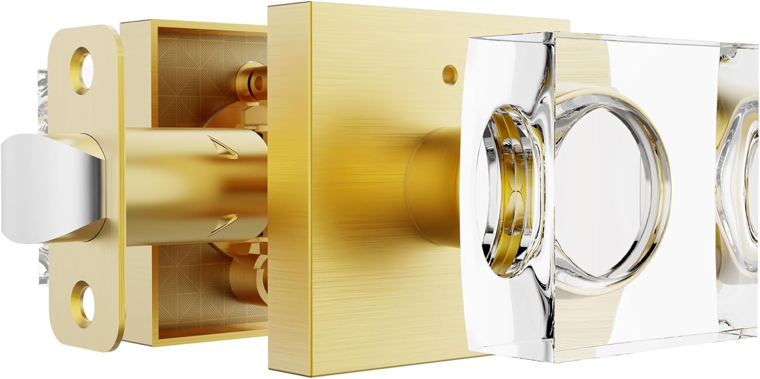 Brushed Gold Door Knob Privacy Crystal Glass Interior Lock, Satin Brass Modern Square Bedroom Bathroom Lockable Door Handle