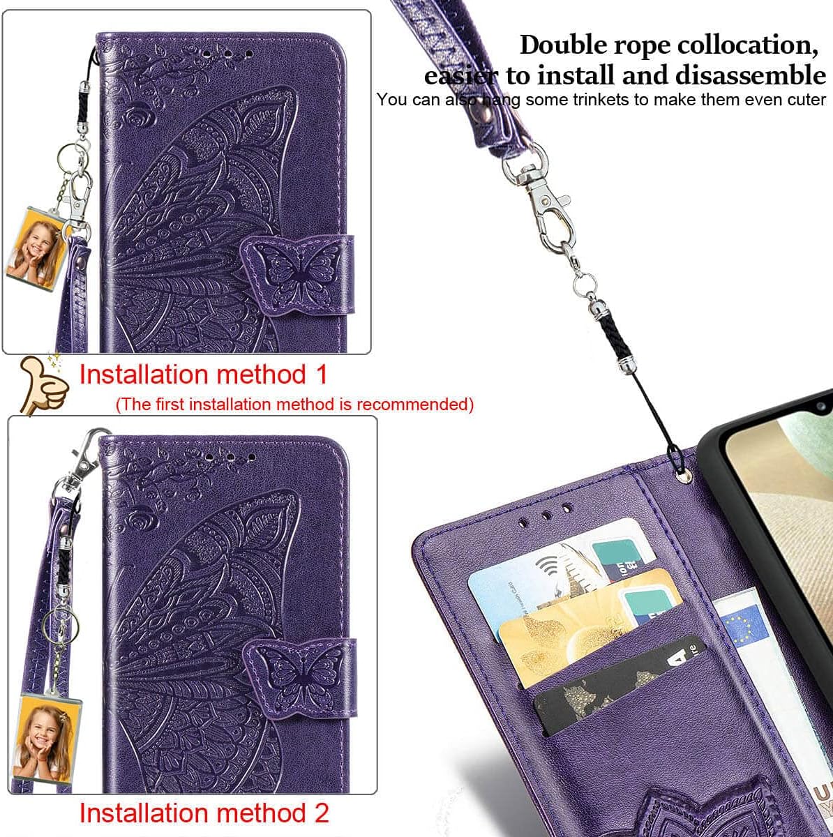 Wallet Case for iPhone SE 2020/SE 2022/iPhone 8/iPhone 7,Women Butterfly Embossed PU Leather Stand Card Slots Wrist Strap Flip Folio Cover for iPhone 6/6S/7/8/SE 2nd/SE 3rd Gen (Purple)
