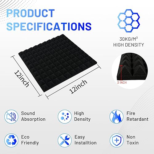Miniatura 7 de Focusound Paquete de 36 paneles de espuma acústica a prueba de sonido, paneles de espuma acústica piramidal de 12 x 12 x 1 pulgada con paneles