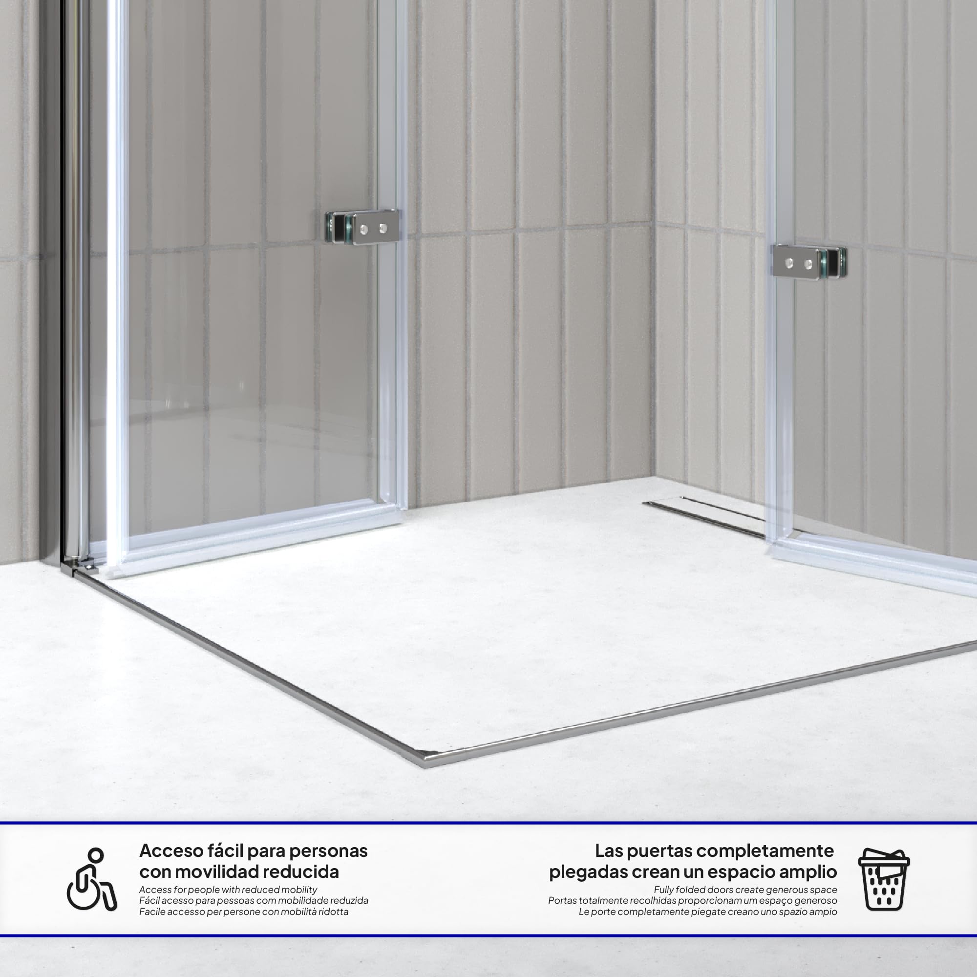Mampara de Ducha Emma-75x75x180cm|REVERSIBLE|Puertas Plegables, Ajuste 73,5-75,5x73,5-75,5cm|Perfiles Cromo, Cristal Templado Transparente 6mm