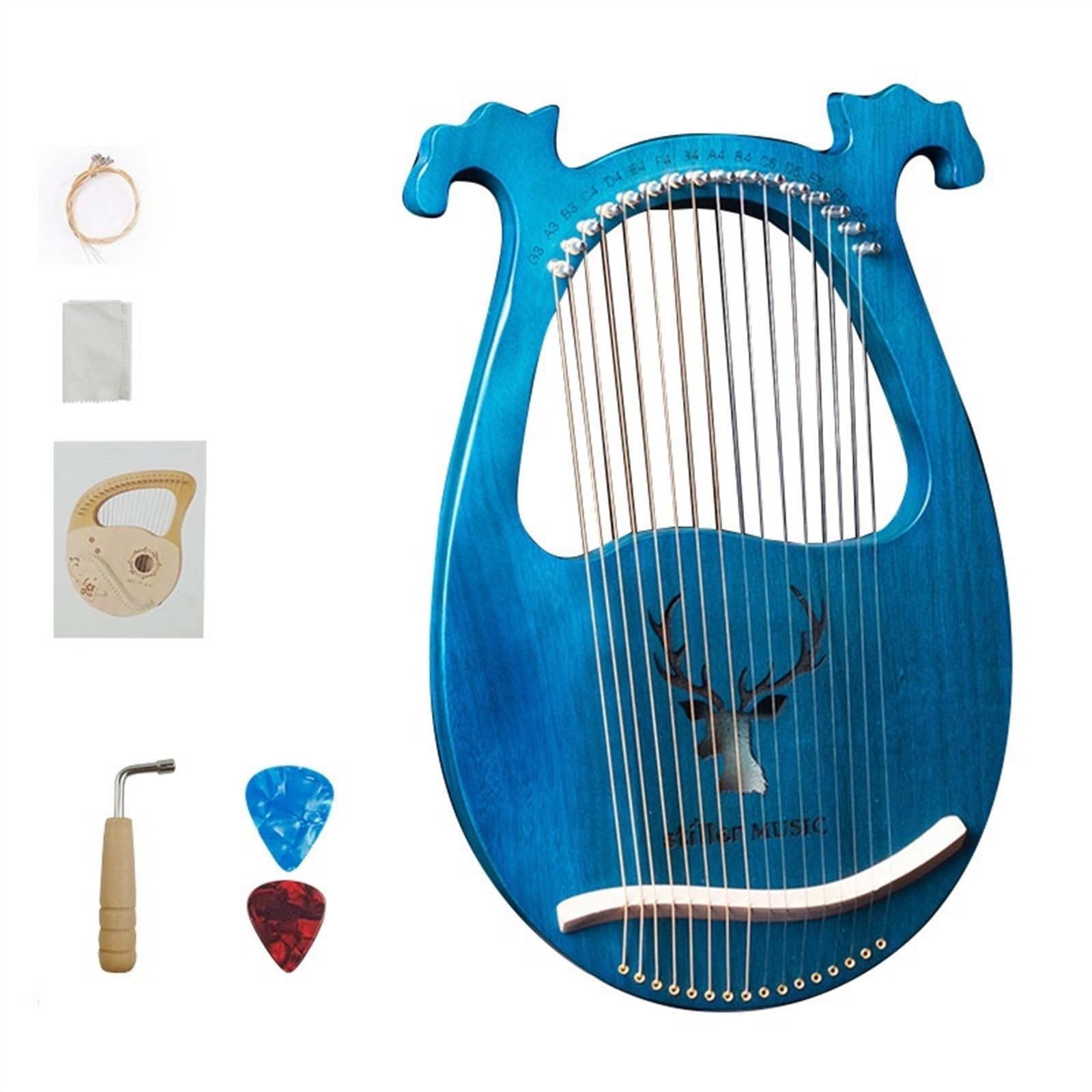Arpa de Lira de Madera maciza, instrumento de Arpa de 7 cuerdas fácil de aprender para Niños, Arpa de regazo Multicolor de 16 cuerdas (Color: 16 notas, Azul ciervo)