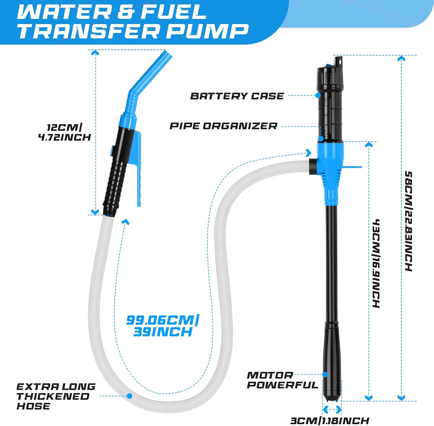 Portable Transfer Pump Battery Operated Electric Siphon Pump for Gas, Fuel, Diesel, Water Transfer 2.4 GPM Flow Oil Extractor, 47 Inches Hose-Easy to Use Hand Fuel Pump, Multi-Use Transfer Pump(Blue)