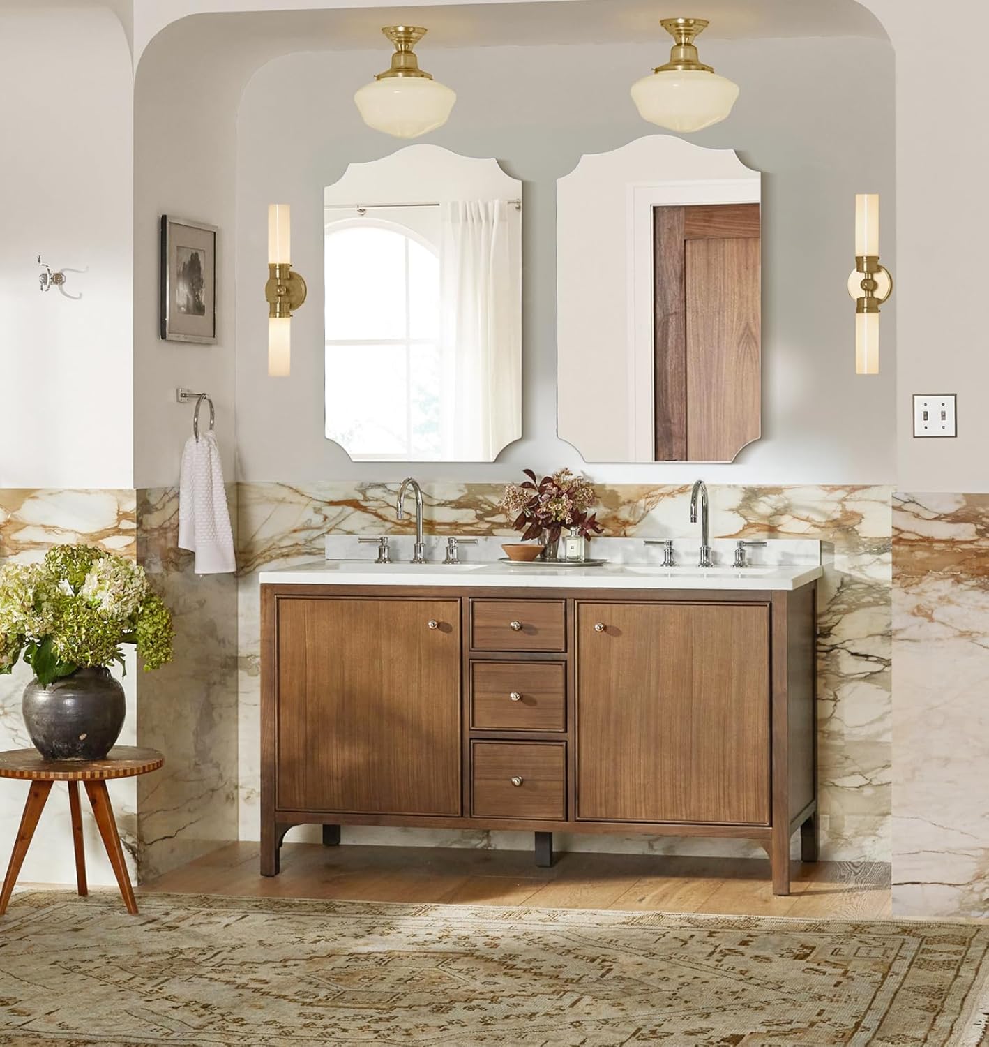 Large Arched Mirror Wall Decor Set of 2, 36"x24" Vanity Antique Mirror for Wall, with Irregular Scalloped Shaped Frame, for Bathroom, Entryway, Living Room, Bedroom