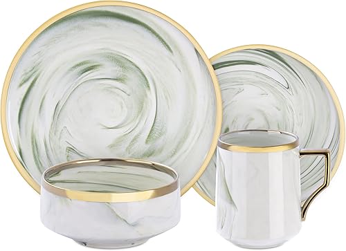 Miniatura 3 de Fine China Artisan - Juego de vajilla de 16 piezas, color verde con oro