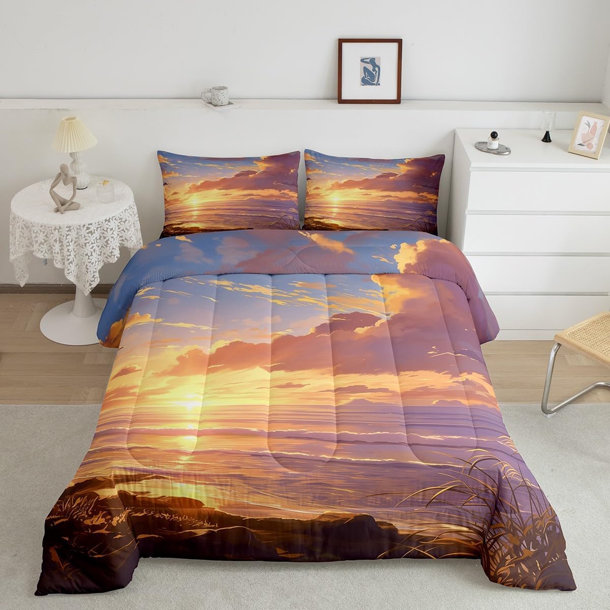Feelyou Orange Setting Sun Comforter Set Queen Size Ocean Bedding Set for Boys Teens Decor Beautiful Sunset Beach Theme Sea Comforter Cloud Botanical Duvet Set 3Pcs