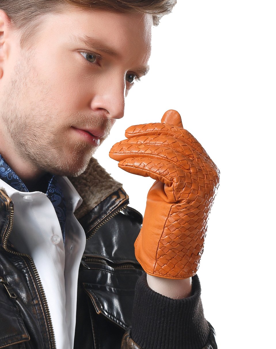 NappaNovum Men's Nappa Leather Gloves Classic Braided Lines Gloves Winter Gloves Warm Lining