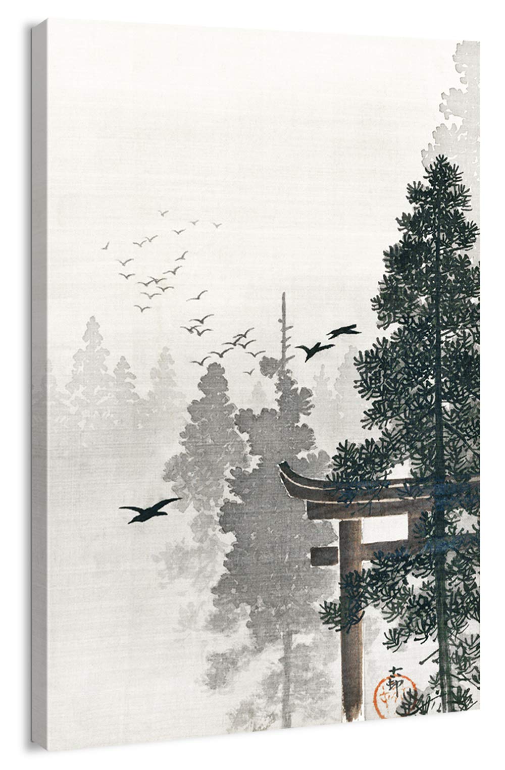 Canvas Print Wall Art - Japanese Woodblock Art Flock of Birds and a Torii Gate in a Pine Tree Forest by Ohara Koson - 12x18 inches